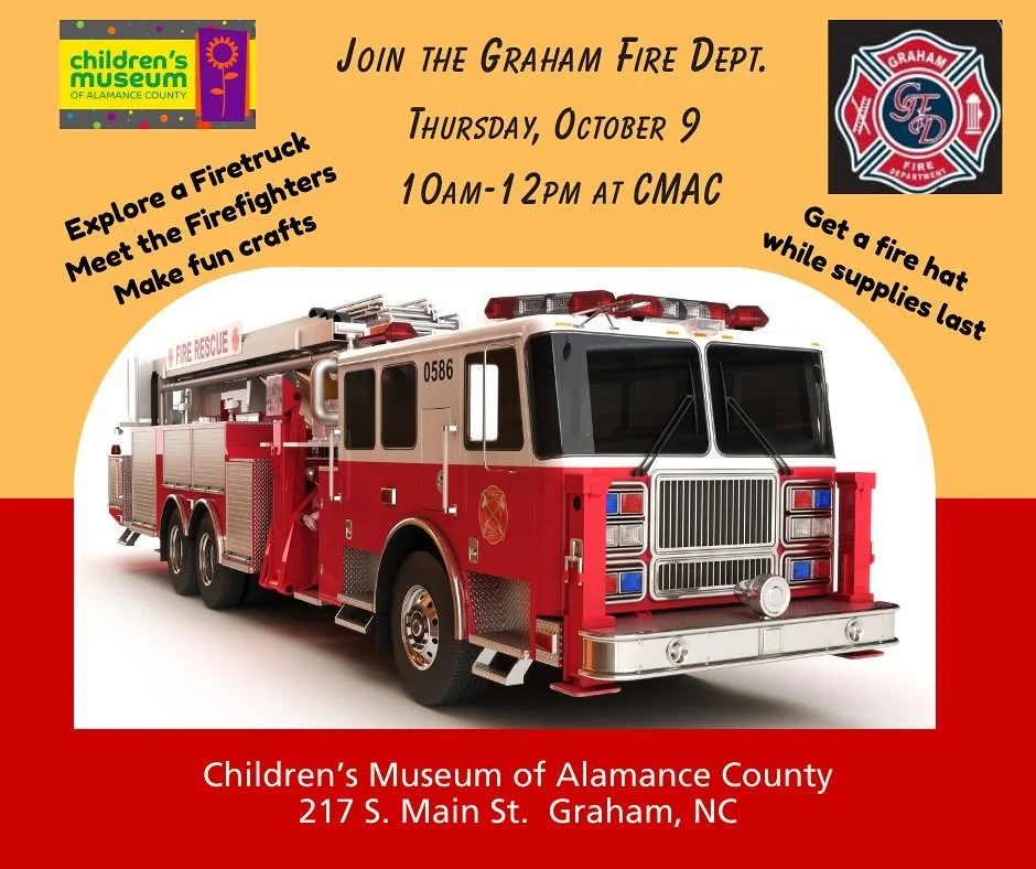 ATTENTION CMAC FRIENDS, we&rsquo;ve got BIG NEWS!🚒🧑&zwj;🚒🧯

Join us Thursday, October 9th from 10am-12pm for our Fire Prevention Week, Touch-A-Truck event! The Graham Fire Department will be joining us with one of their trucks! Join us for fire s