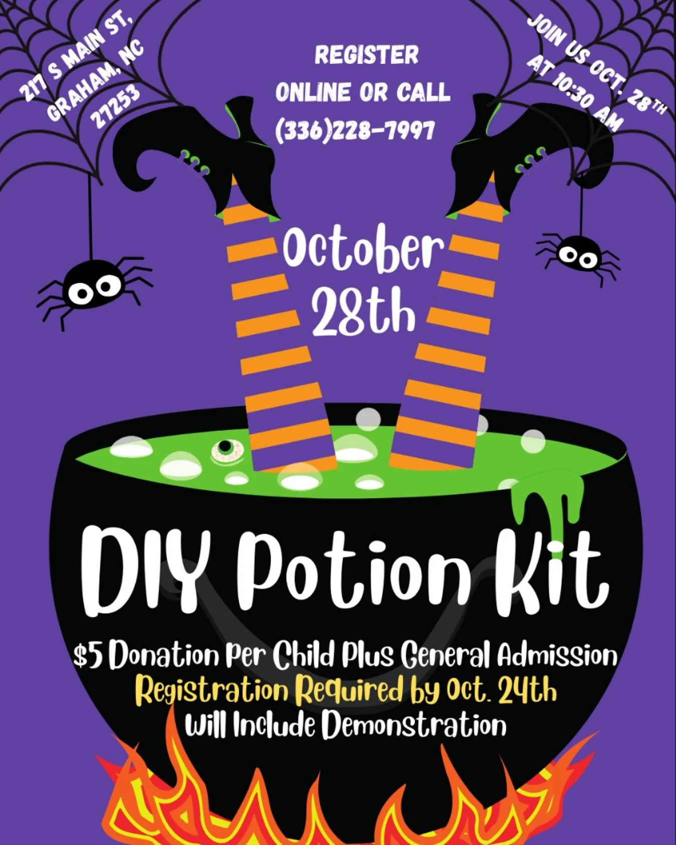 🚨TEACHER WORKDAY ALERT🚨 

Join us Tuesday, October 28th at 10:30am for a DIY Potion Kit! 👻
Registration is required for this event with an additional $5 donation per child on top of general admission.
To sign up, give us a call at (336)228-7997 or