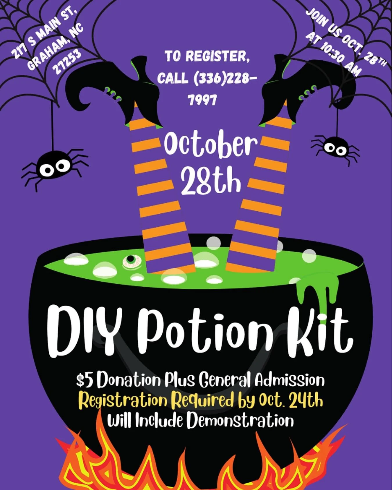 🧙👻DON&rsquo;T FORGET TO SIGN UP👻🧙

Join us Tuesday, October 28th at 10:30am for a DIY Potion Kit! 👻
Registration is required for this event with an additional $5 donation per child on top of general admission.
To sign up, give us a call at (336)