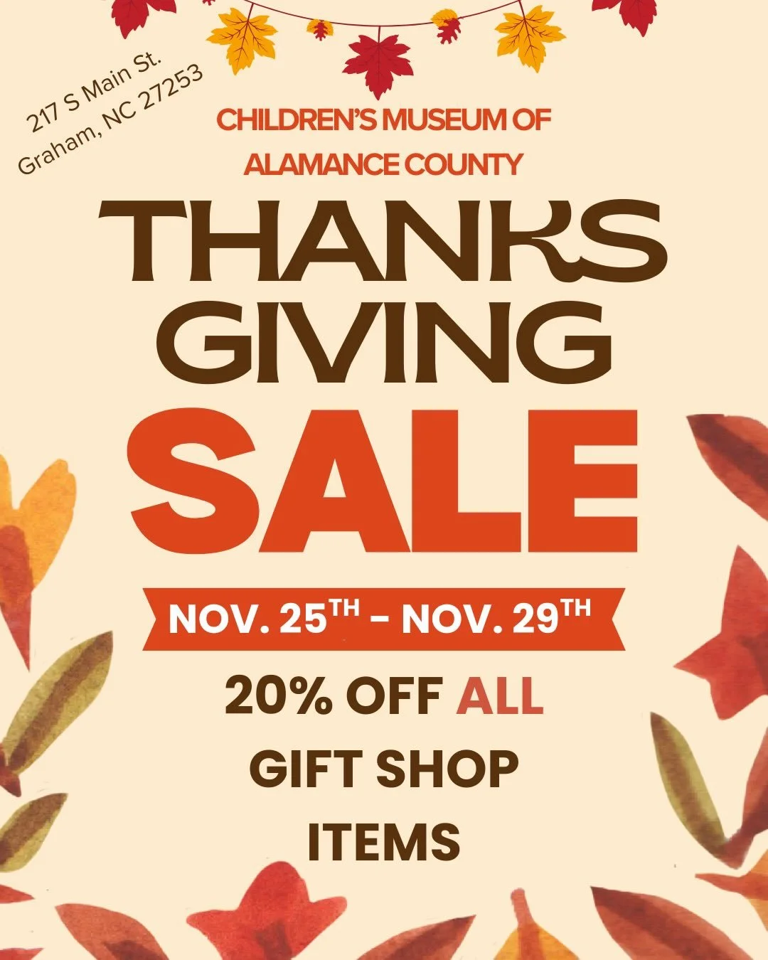 Happy Thanksgiving from your friends here at the Children&rsquo;s Museum of Alamance County! 🦃

We&rsquo;ll be running a 20% off sale this week in our gift shop as our way of saying thank you!
This would be a great time to shop for Christmas gifts! 