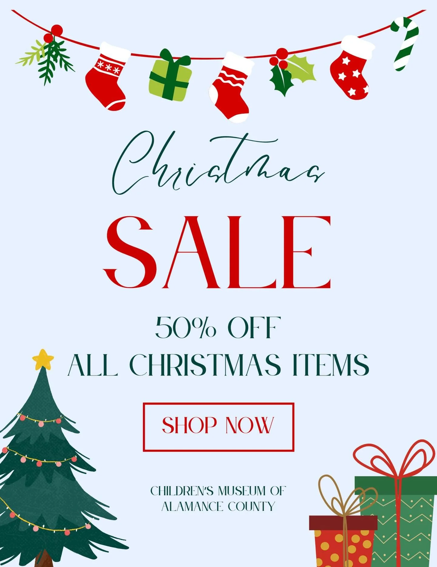 🎄✨ Christmas SALE is here! ✨🎄
Enjoy 50% OFF all Christmas items&mdash;the perfect time to grab festive favorites and gifts! 
Sale ends December 23rd, while supplies last!

#ChristmasSale #HolidayDeals #FestiveFinds #ShopLocal