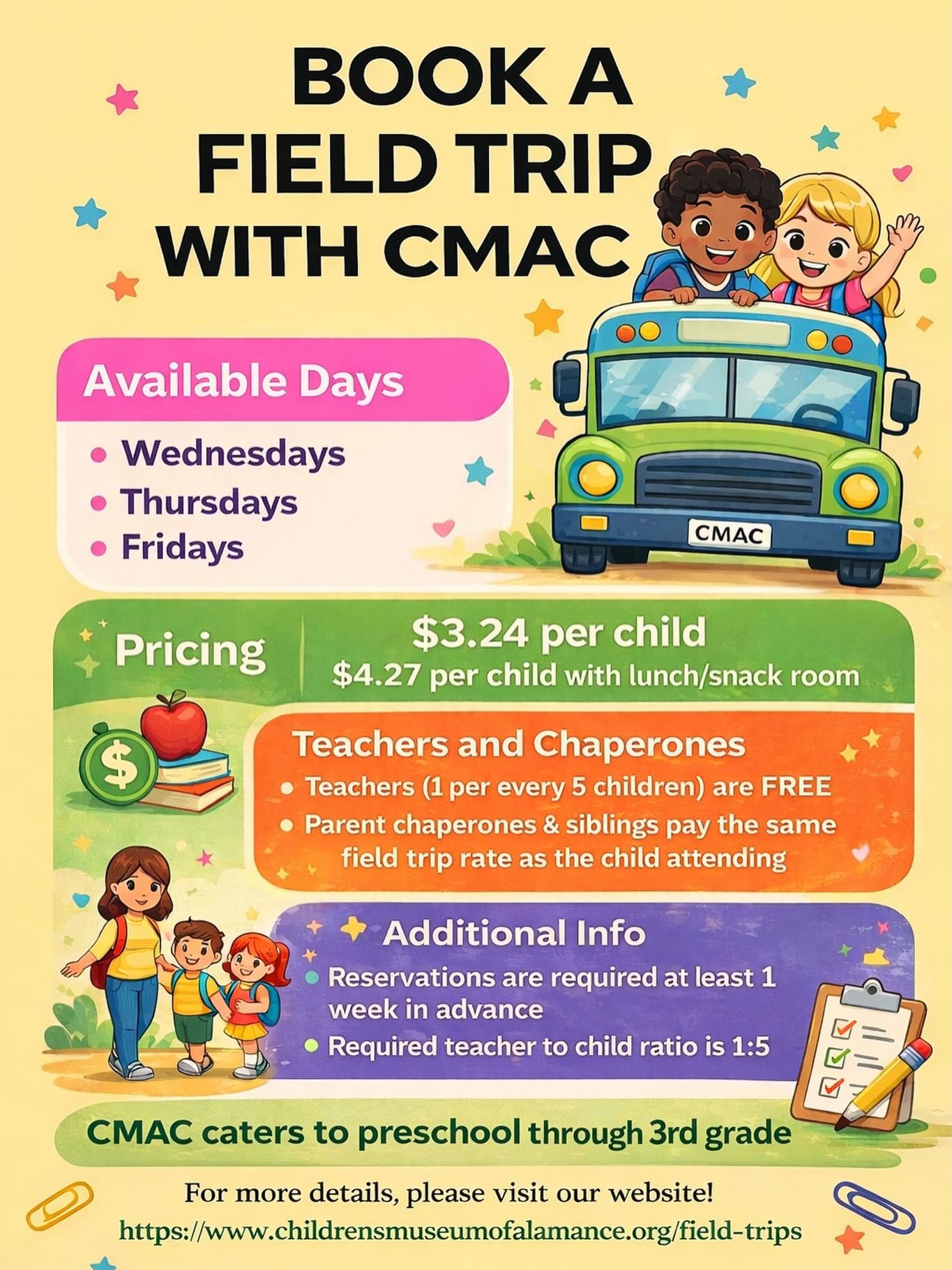 🚍✨ FIELD TRIP FUN STARTS HERE! ✨🚍

Bring your class to CMAC for a day packed with hands-on learning, creativity, and BIG smiles! Our field trips are designed just for preschool through 3rd grade, making it the perfect mix of play and discovery.

🎨