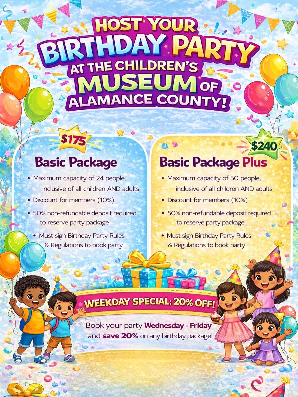 🎉🎂🥳 Host your birthday party at CMAC!🎈🎁🎊

🎂✨ Basic Package &ndash; $175 (up to 24 guests)
🎉🎈 Basic Package Plus &ndash; $240 (up to 50 guests)

💛🌟 Members save 10%!

🎉 Weekday Special: 20% OFF (Wednesday&ndash;Friday!)

🔗🎈 For more info