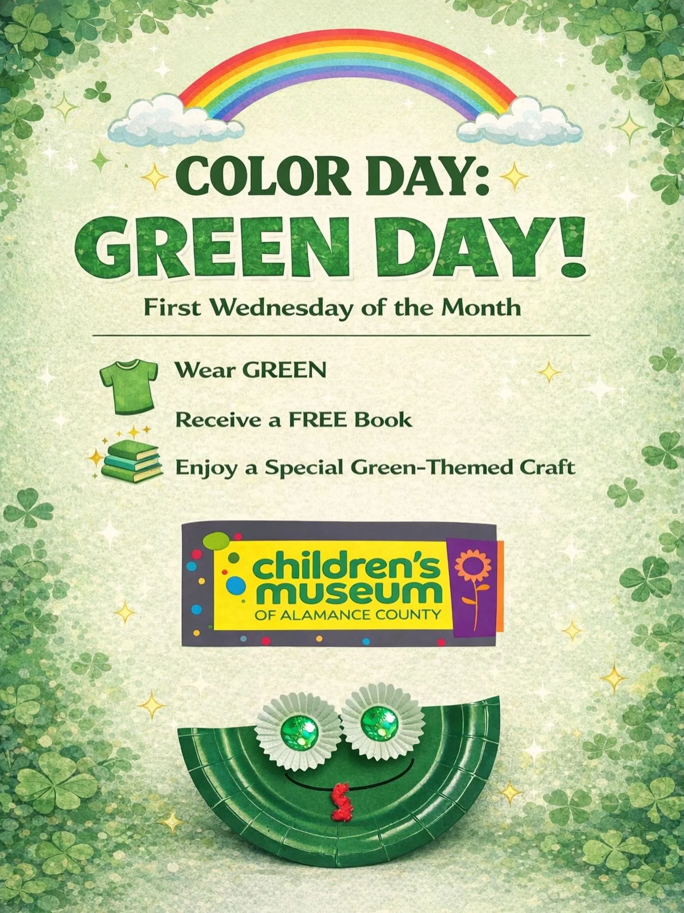 💚🌈 COLOR DAY: GREEN DAY! 🌈💚
📅 First Wednesday of the Month

Join us as we celebrate March&rsquo;s Color &mdash; GREEN! 🍀✨

👕 Wear GREEN and receive a FREE Book 📚💚
🎨 Enjoy a special Green-Themed Craft ✂️🖍️

Dress up, get creative, and grow 
