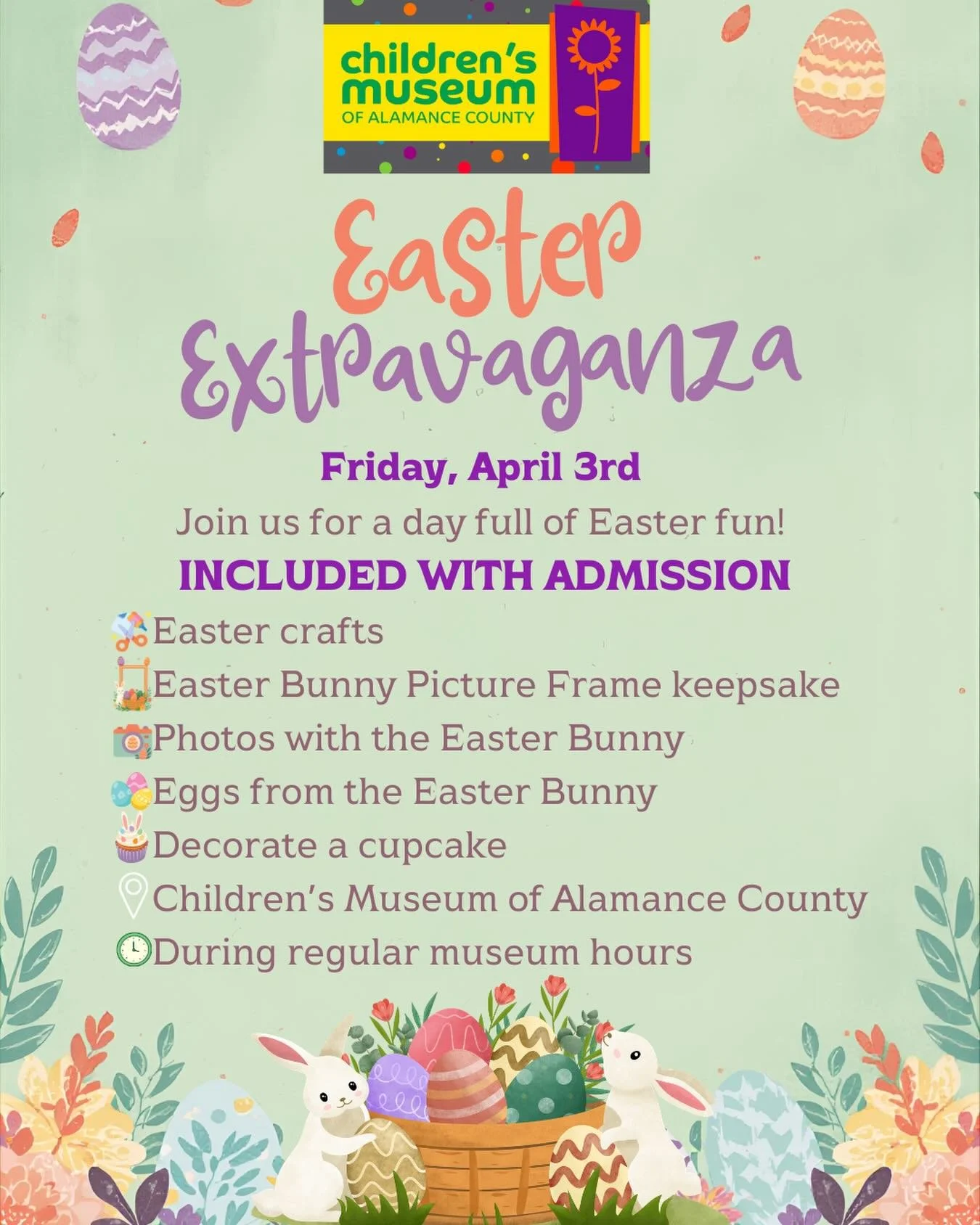 🐰🌸 Easter Extravaganza at CMAC! 🌸🐰

Hop over to the Children&rsquo;s Museum of Alamance County on Friday, April 3rd for a day full of Easter fun! 🐣✨

🎨 Easter crafts
📸 Photos with the Easter Bunny
🥚 Eggs from the Easter Bunny
🖼 Bunny picture