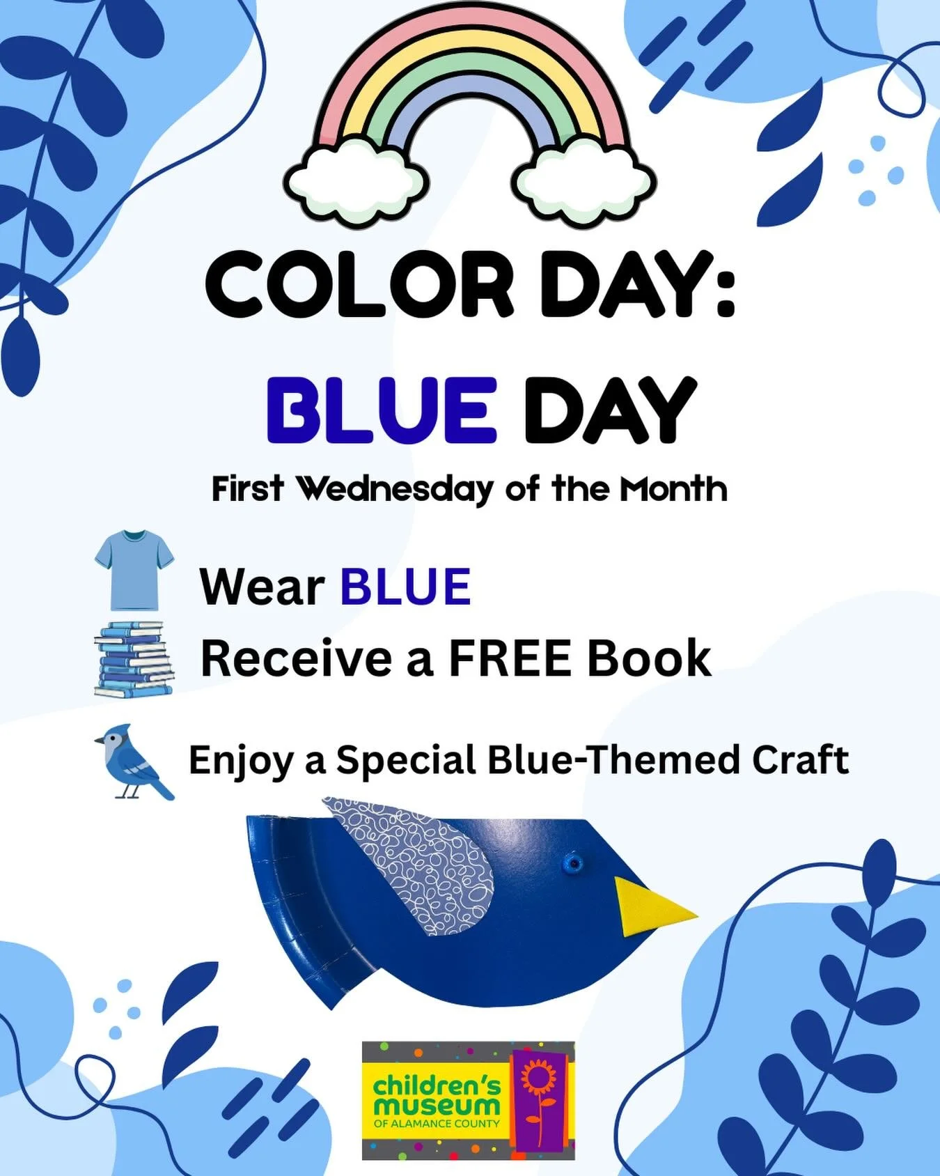 💙 BLUE DAY IS TOMORROW 💙
Wear blue and get a FREE book 📚
	&bull;	we&rsquo;ve got a fun blue-themed craft waiting for you 🎨

Color Day is every first Wednesday of the month, and we can&rsquo;t wait to celebrate with you 💙

Don&rsquo;t miss it! 👏