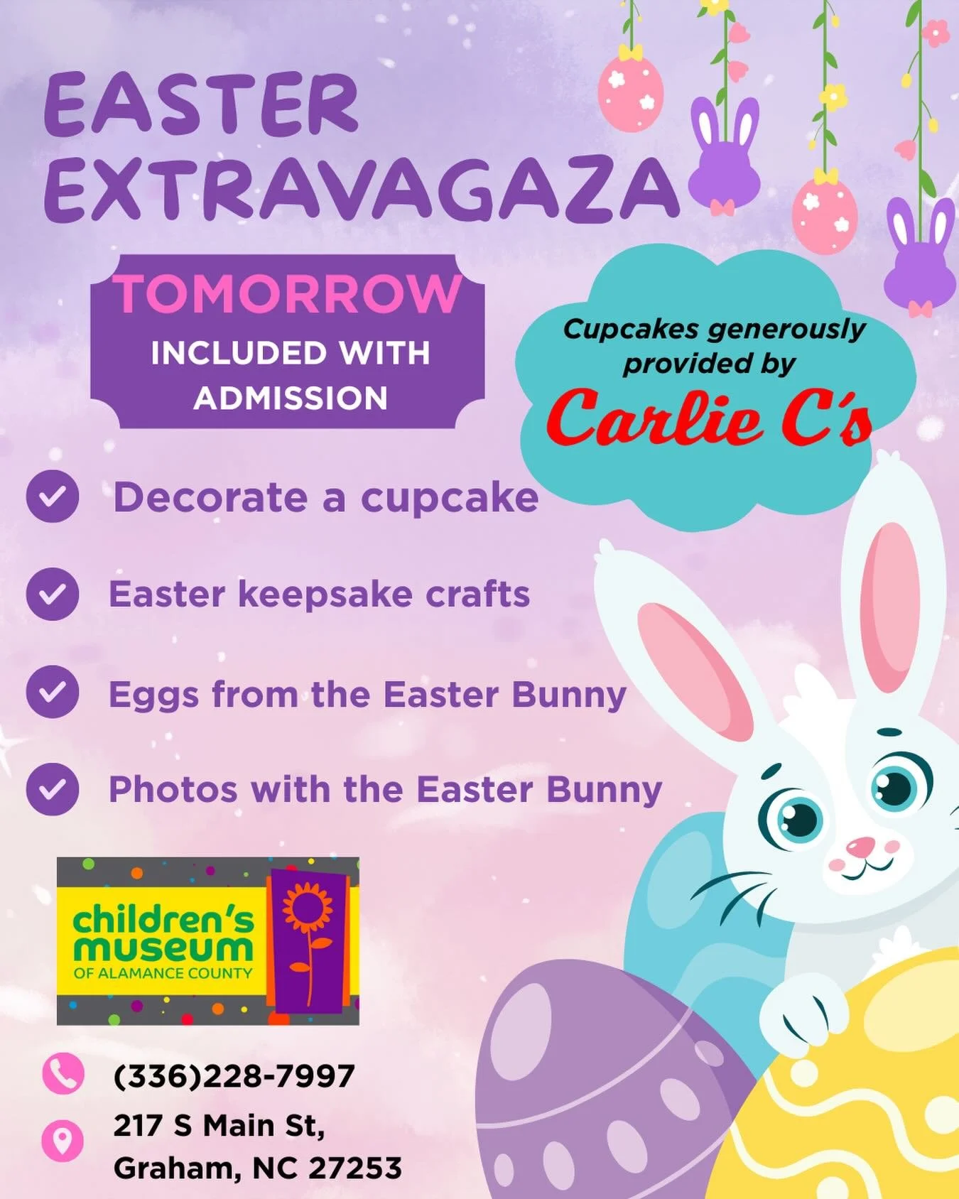 🐰🌸 HAPPENING TOMORROW &mdash; EASTER EXTRAVAGANZA! 🌸🐰

Join us Friday, April 3rd for a full day of Easter fun &mdash; all included with admission 💛✨

🧁 Cupcake Decorating (provided by Carlie C&rsquo;s):
&bull; 10:30 AM &ndash; 1:00 PM
&bull; 2: