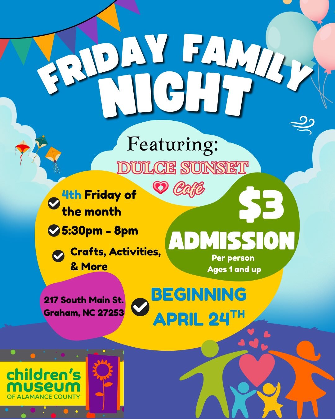 🎉 Friday Family Night at the Children&rsquo;s Museum of Alamance County! 🎉

We&rsquo;re just 2 Fridays away from kicking off a fun new family tradition! 💛

Join us every 4th Friday for an evening full of hands-on fun, creativity, and play-time tog