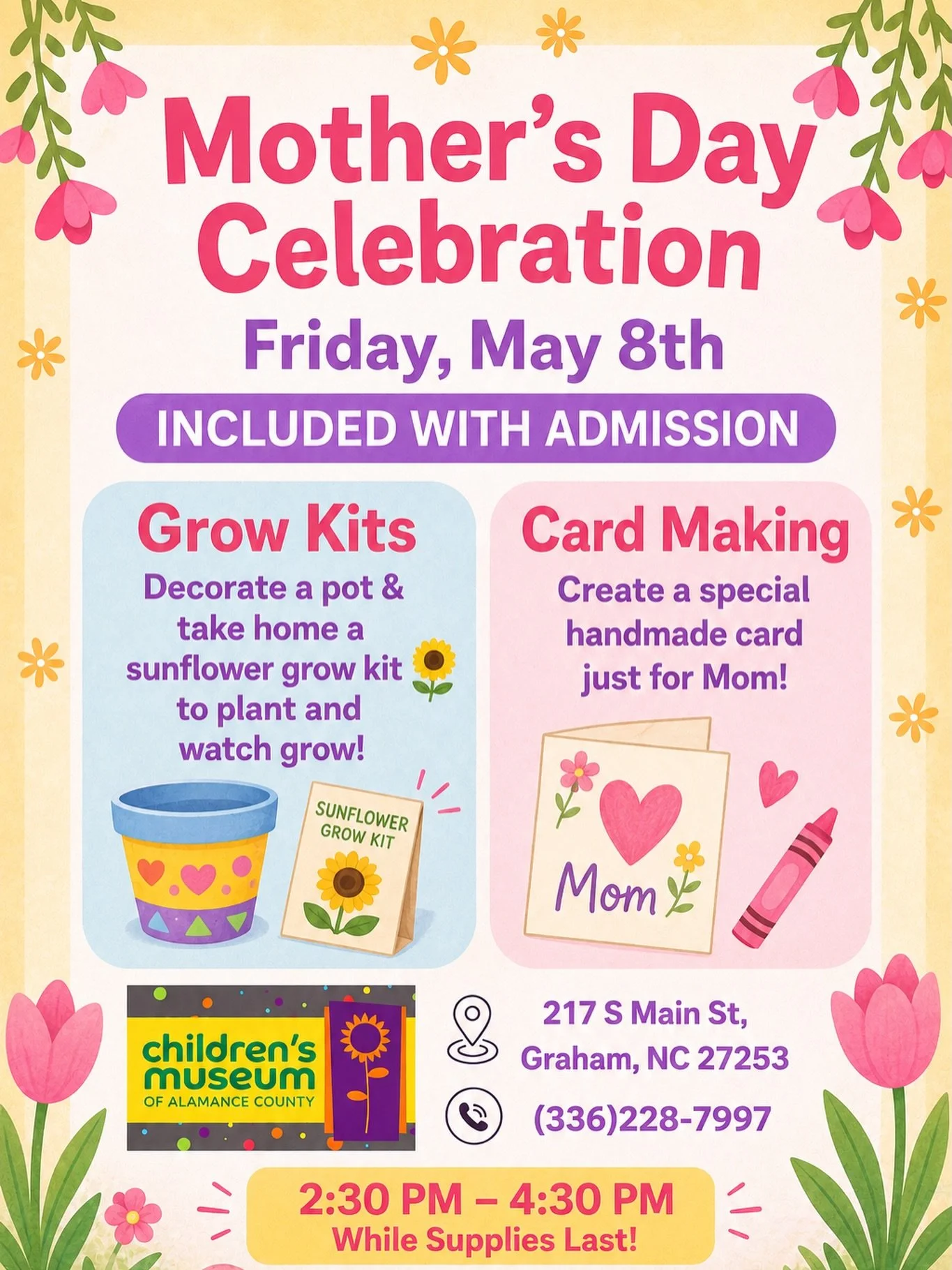 🌸 Celebrate Mother&rsquo;s Day with us at CMAC! 💖

Join us Friday, May 8th from 2:30 PM &ndash; 4:30 PM for a fun-filled afternoon of creativity and celebration! 🌷

✨ Included with admission:
🌻 Decorate a flower pot &amp; take home a sunflower gr