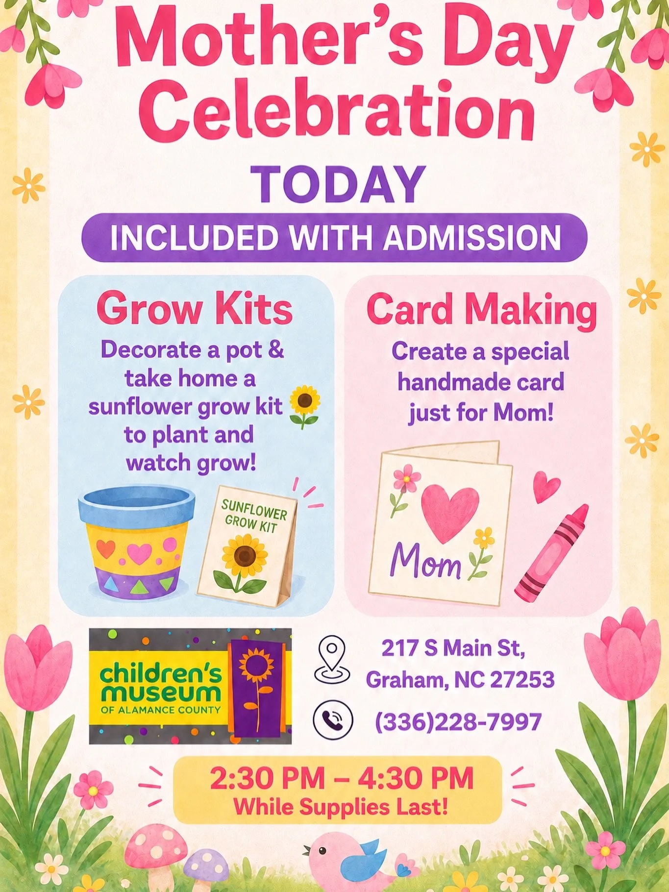 🌷 Mother&rsquo;s Day fun is happening TODAY at CMAC! 💖

Stop by from 2:30&ndash;4:30 PM to celebrate with:
🌻 Pot decorating + sunflower grow kits to take home
💌 Handmade card making for Mom
✨ Included with museum admission

📍217 S Main St, Graha