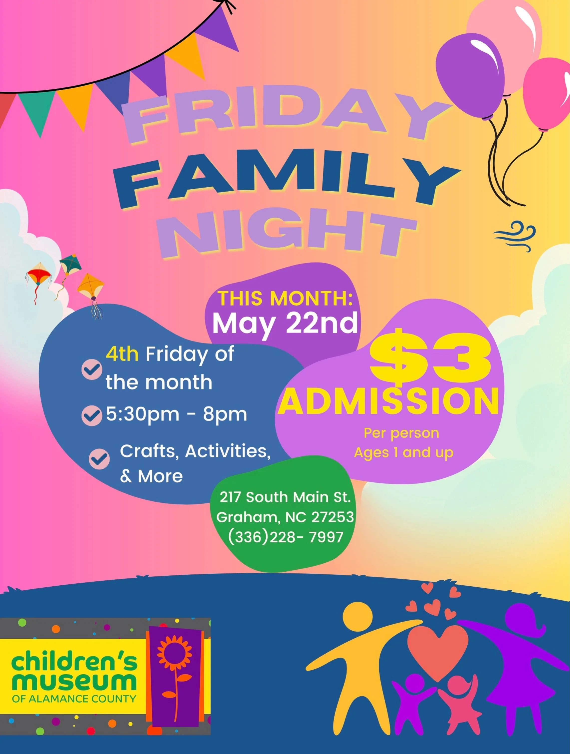 🚨🎉 FAMILY FUN FOR JUST $3?! 🎉🚨

Friday Family Night is almost here and you won&rsquo;t want to miss it! ✨ Join us on Friday, May 22nd for an evening packed with crafts, activities, play, and fun for the whole family! 🩵🎨🪁

We&rsquo;re also exci