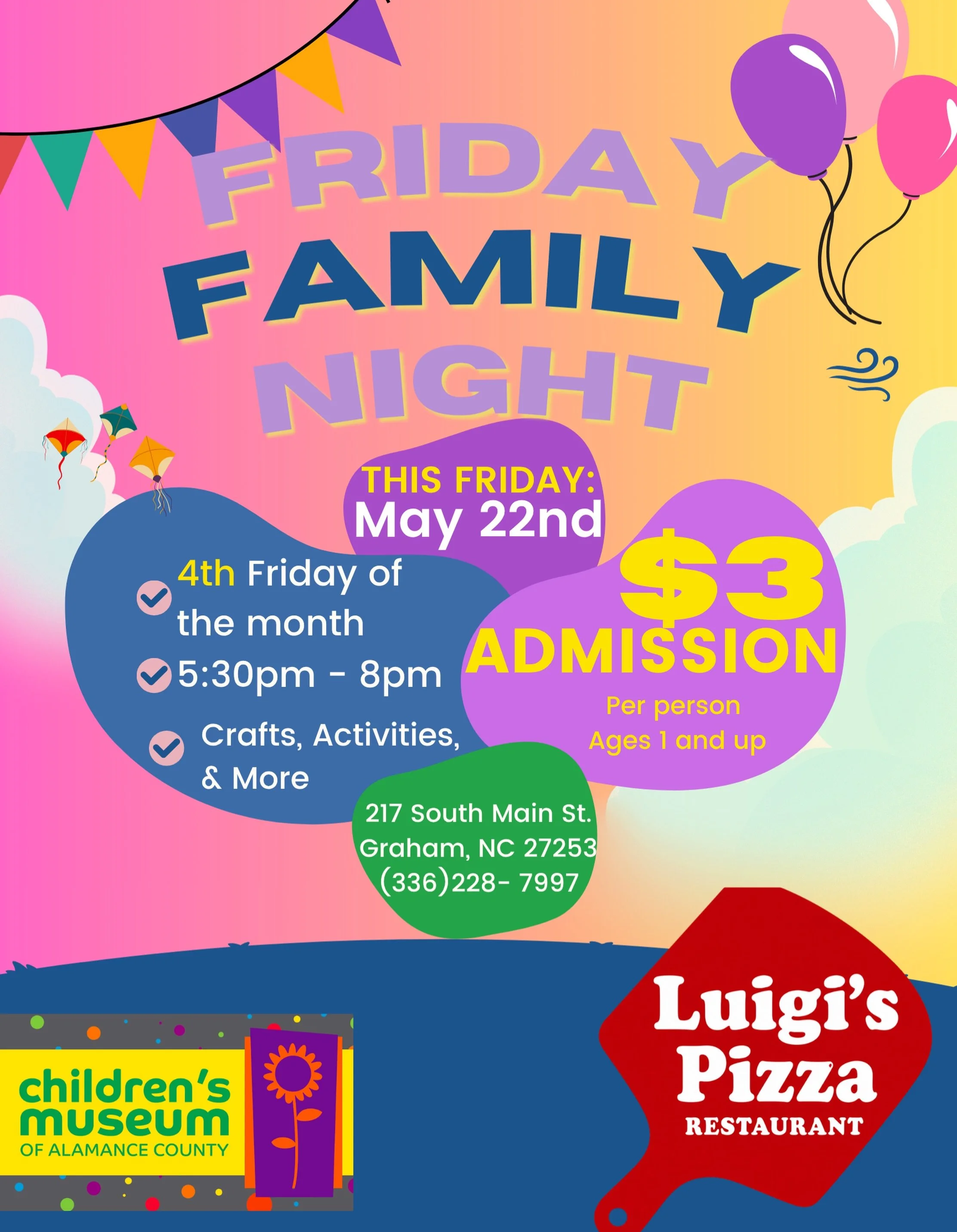 🚨🍕 PIZZA + FAMILY NIGHT = THE PERFECT FRIDAY 🎉✨

THIS FRIDAY from 5:30&ndash;8PM come join us for Friday Family Night at the Children&rsquo;s Museum of Alamance County!! 🎈🧸💫

🍕 Luigi&rsquo;s Pizza by the slice &mdash; ONLY $3!!
🍕 Cheese &amp;