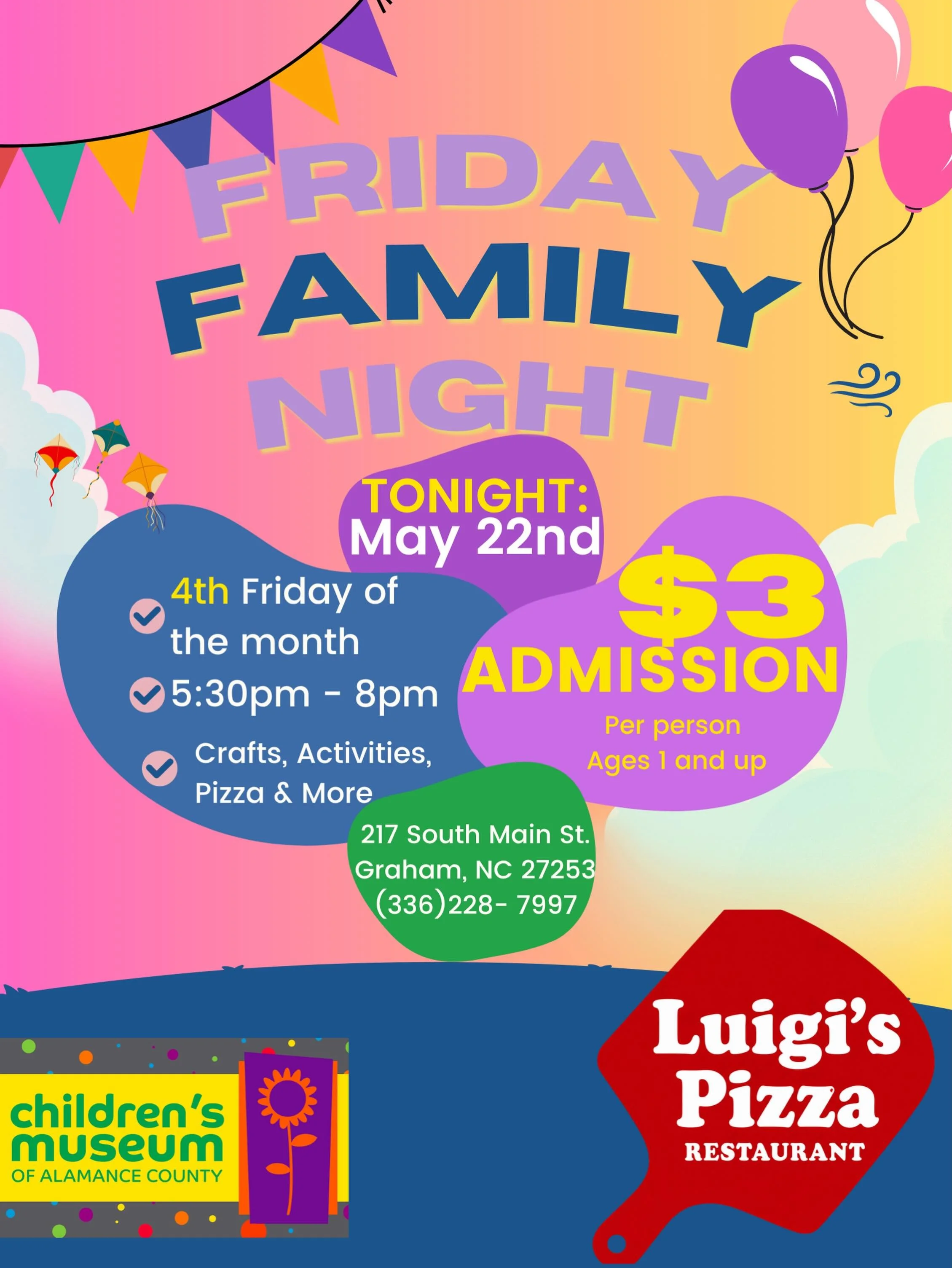 🎉🍕 FRIDAY FAMILY NIGHT IS TONIGHT! 🍕🎉

Join us from 🕠 5:30&ndash;8PM for crafts, activities, pizza, and family fun at the Children&rsquo;s Museum of Alamance County! 💛💜

🍕 Luigi&rsquo;s Pizza by the slice
🧀 Cheese &amp; Pepperoni available
?