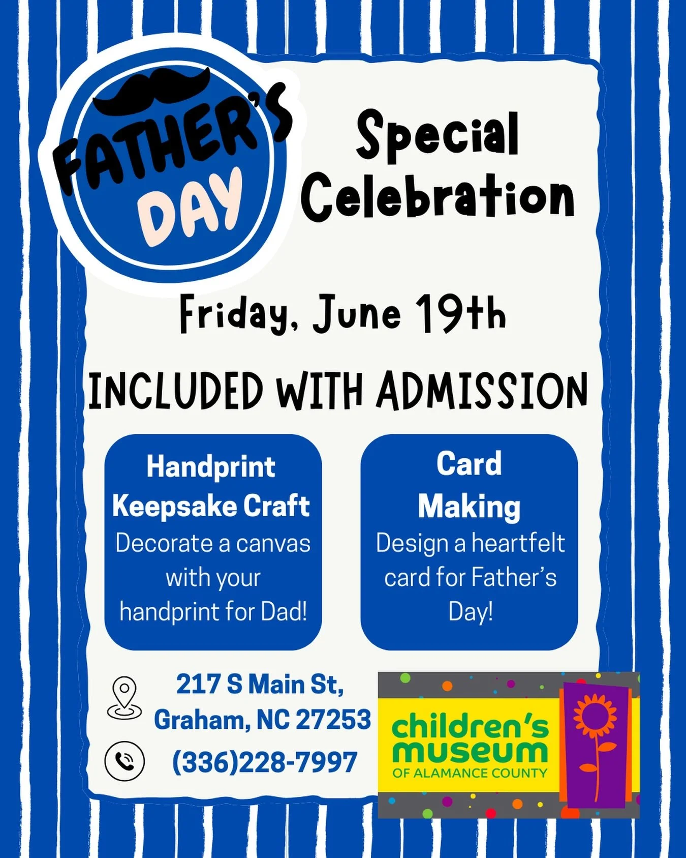💙 Celebrate Dad at CMAC! 👔

Join us on Friday, June 19th for a special Father&rsquo;s Day celebration featuring a handprint keepsake craft and Father&rsquo;s Day card making. Both included with admission!

Plus, we&rsquo;ll be offering special Fath