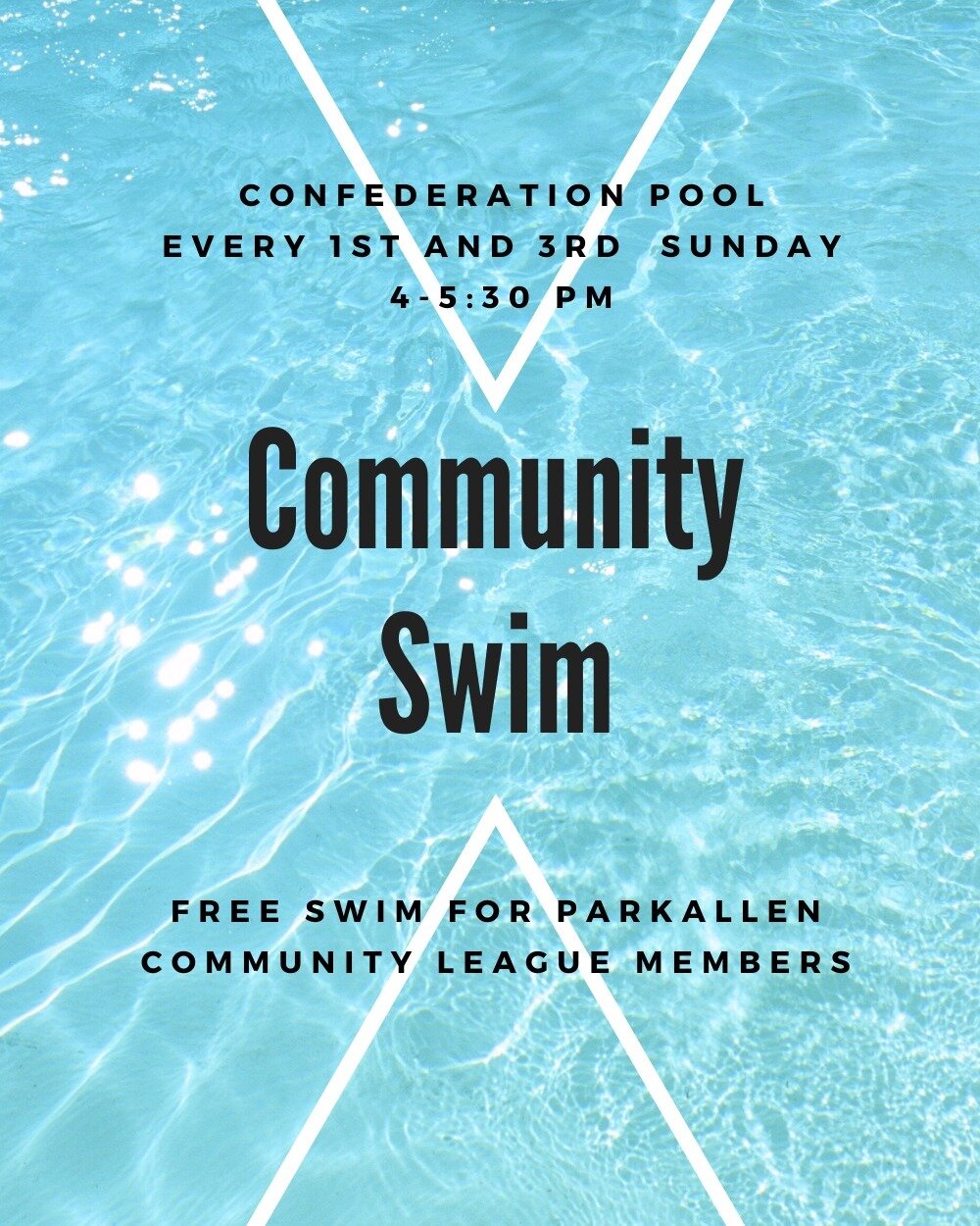 Parkallen Community League members show your membership card at Confederation Pool for a free swim! Community swim 4-5:30 p.m. on the 1st and 3rd Sunday of every month.