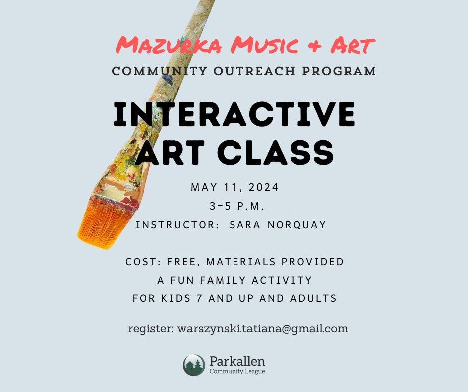 Register today for a free interactive art class at Parkallen Hall on May 11, 3-5 p.m. Open to kids 7+ and adults. Instructor: Sara Norquay. Email warszynski.tatiana@gmail.com to save spots. Materials provided.