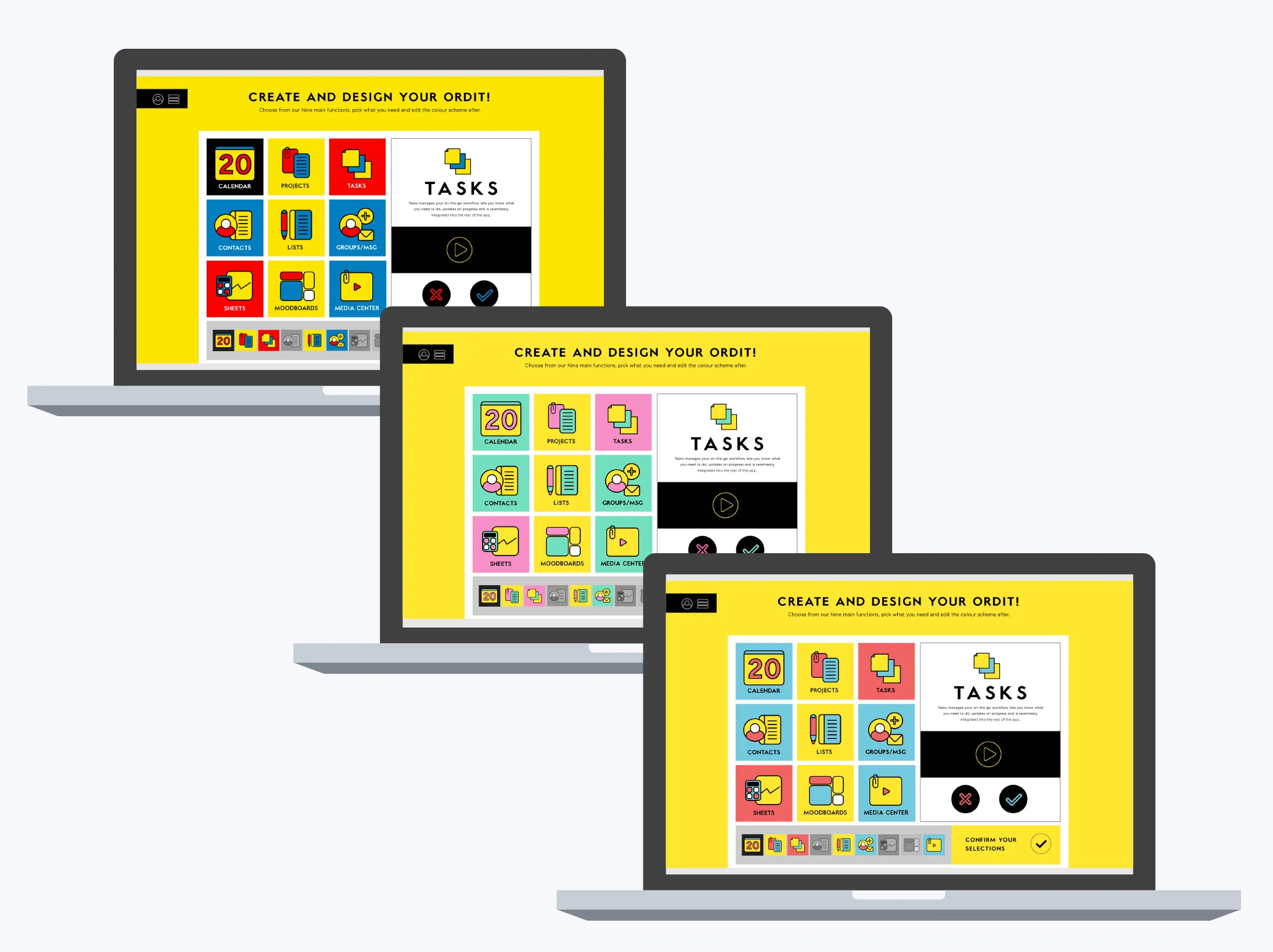 A/B Testing: Top Left: Design 1, Middle: Design 2, Bottom Right: Design 3