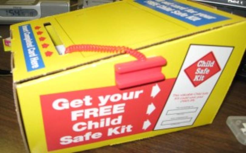 When these 'free' child safe kits began appearing in unattended laundromats, police warned parents not to give out their information to strangers. Police offer the kits free without trying to sell parents insurance. 