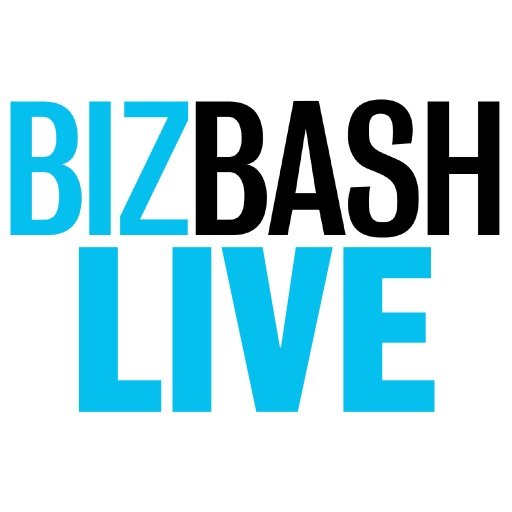 Text logo for Bizz Bash Live with words in blue and black font.