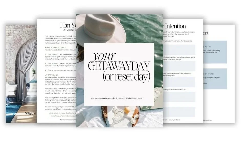 A booklet titled "your GETAWAYDAY (or reset day)" featuring a woman with a hat at the beach, with interior pages showing a cozy room and wellness tips.