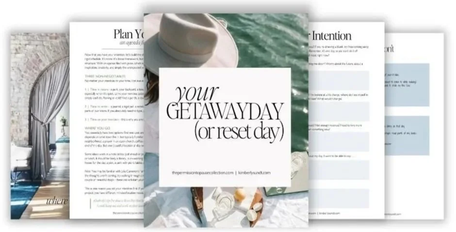 An image of travel planning materials, including a brochure titled "Your GETAWAYDAY (or reset day)," a hat, sunglasses, skincare products, and a scenic ocean background.