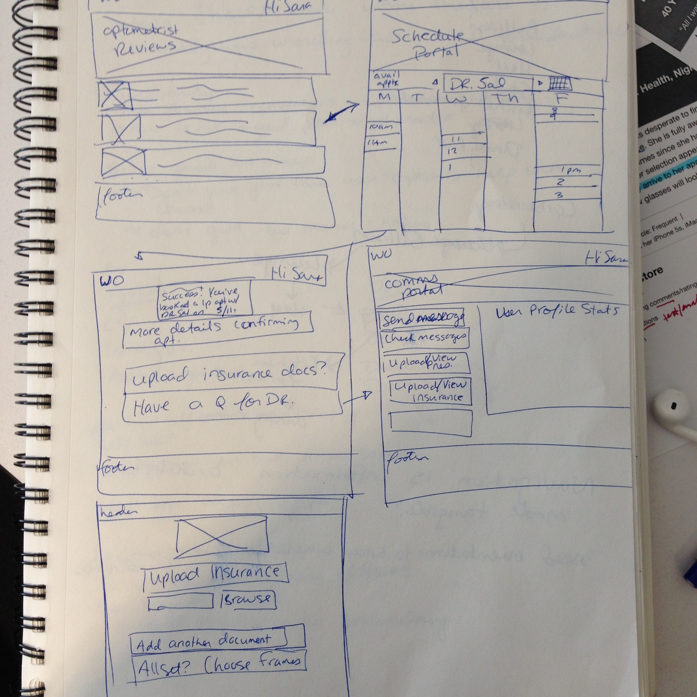 Sketch of first iteration wireframes