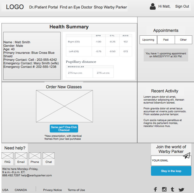 Prototype snapshot of Health Summary page inside patient portal