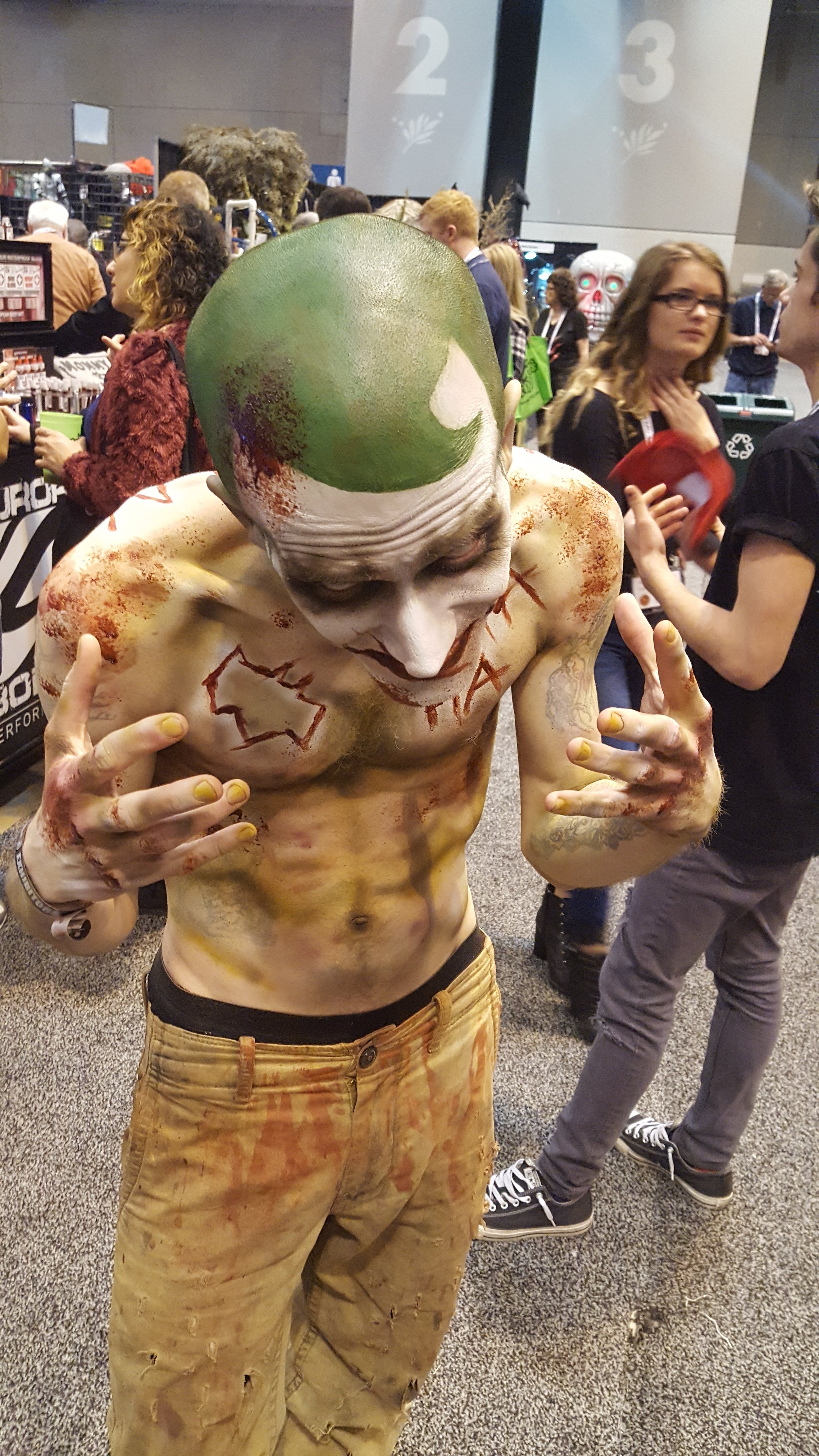 With Lucas being bald I thought that painted on hair would be something that a bald Joker would do as part of his makeup routine.