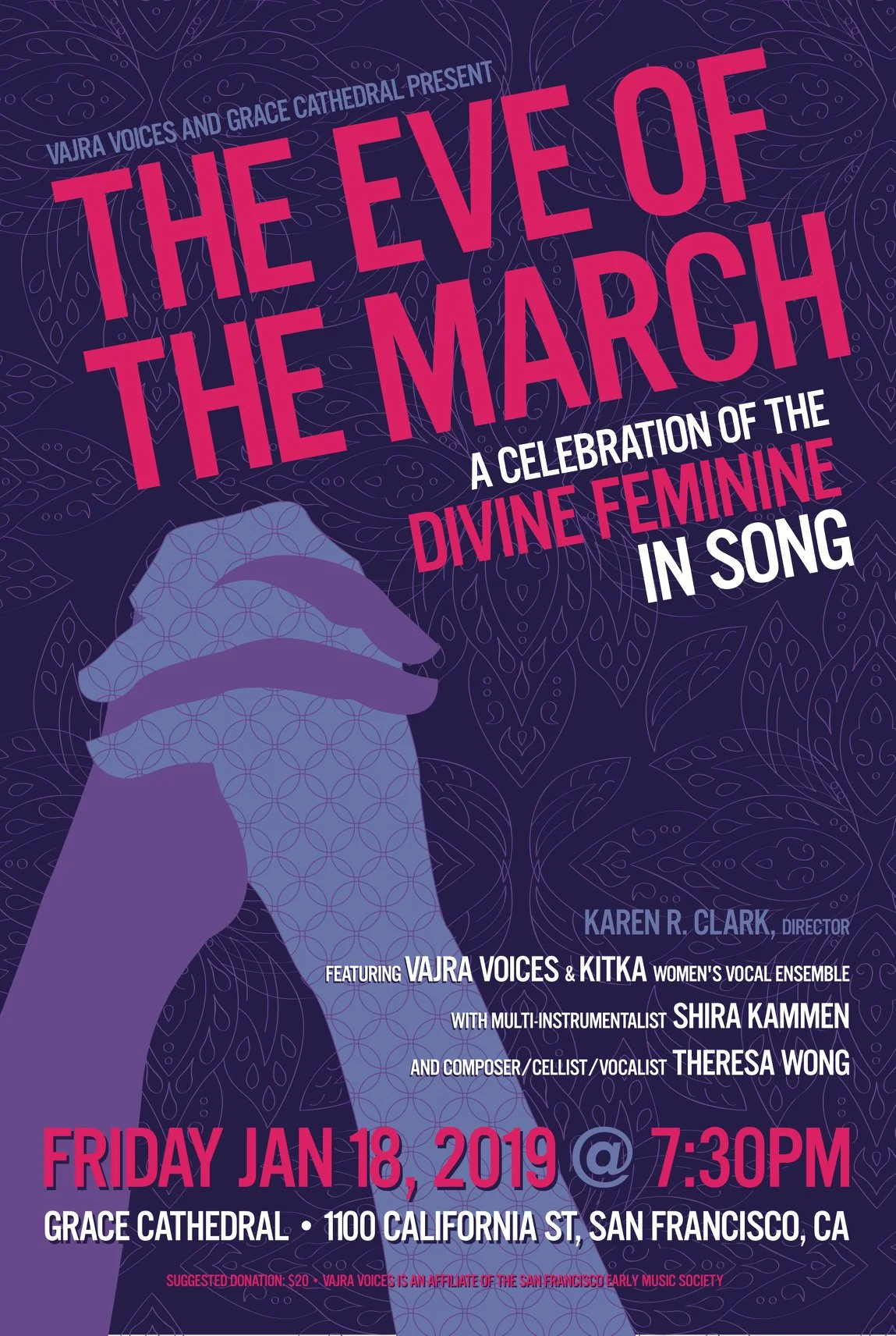 In honor and awe of the Women's March 2019, Vajra Voices & Kitka present The Eve of the March - a concert in the sacred space of Grace Cathedral where we will celebrate womens’ voices and the power of community. This is going to be quite a night! Join Vajra Voice, Kitka, multi-instrumentalist Shira Kammen and yours truly - I’ll be premiering To Burst To Bloom - 6 songs setting the texts of the 12th Century Chinese female Toaist, Sun Bu’er. Tickets available here.