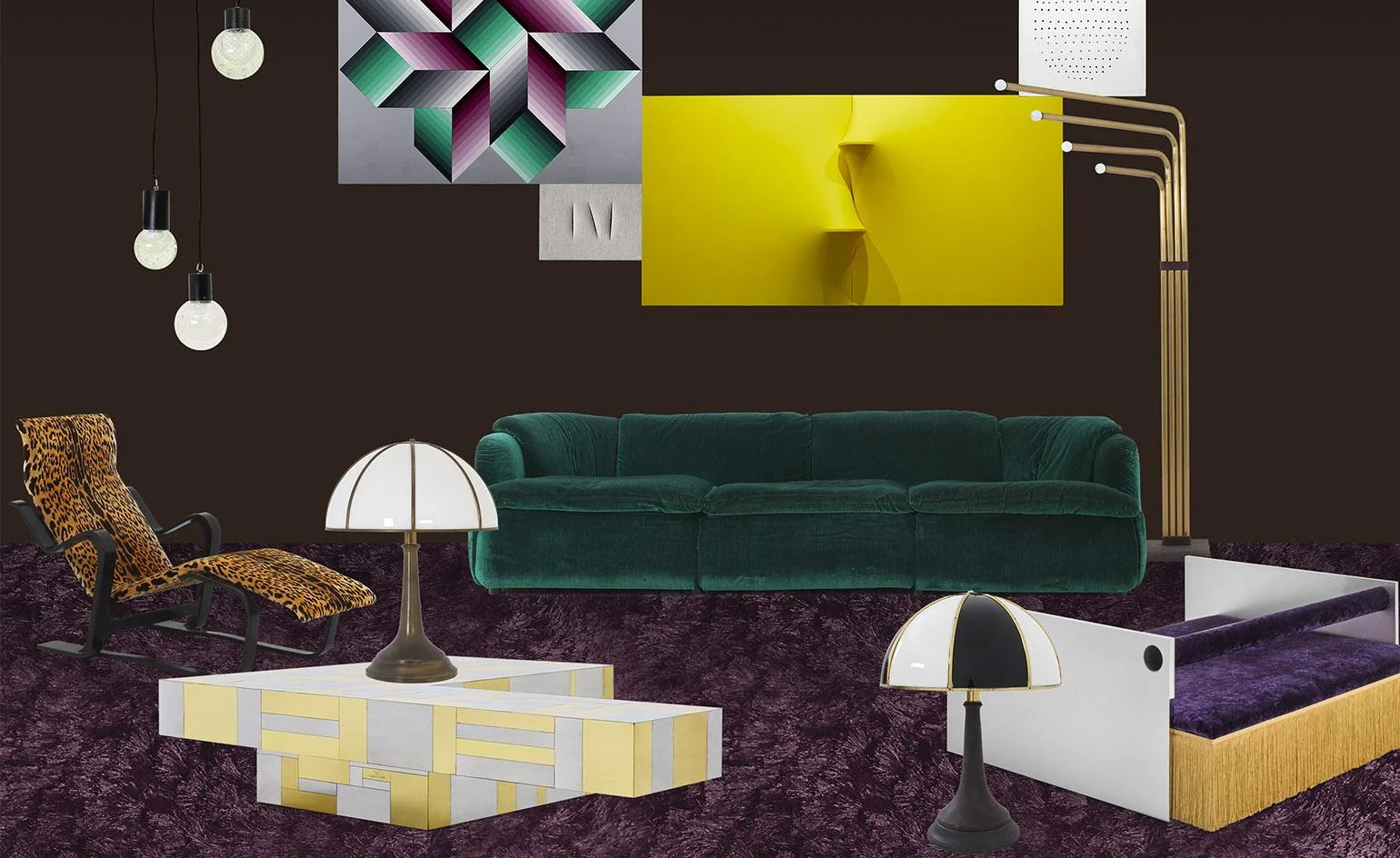 DImore Studio scenic mock up for a living room. Height is added to the arrangement with the brass lamp on the right of the sofa, which ties in with brass highlights on the coffee table, lower left. Curved brass floor lamps can be used to ‘frame’ the furniture arrangement, reflecting other shapes or contrasting with them and defining edges. Image courtesy alterazioniviniliche.blogspot.com