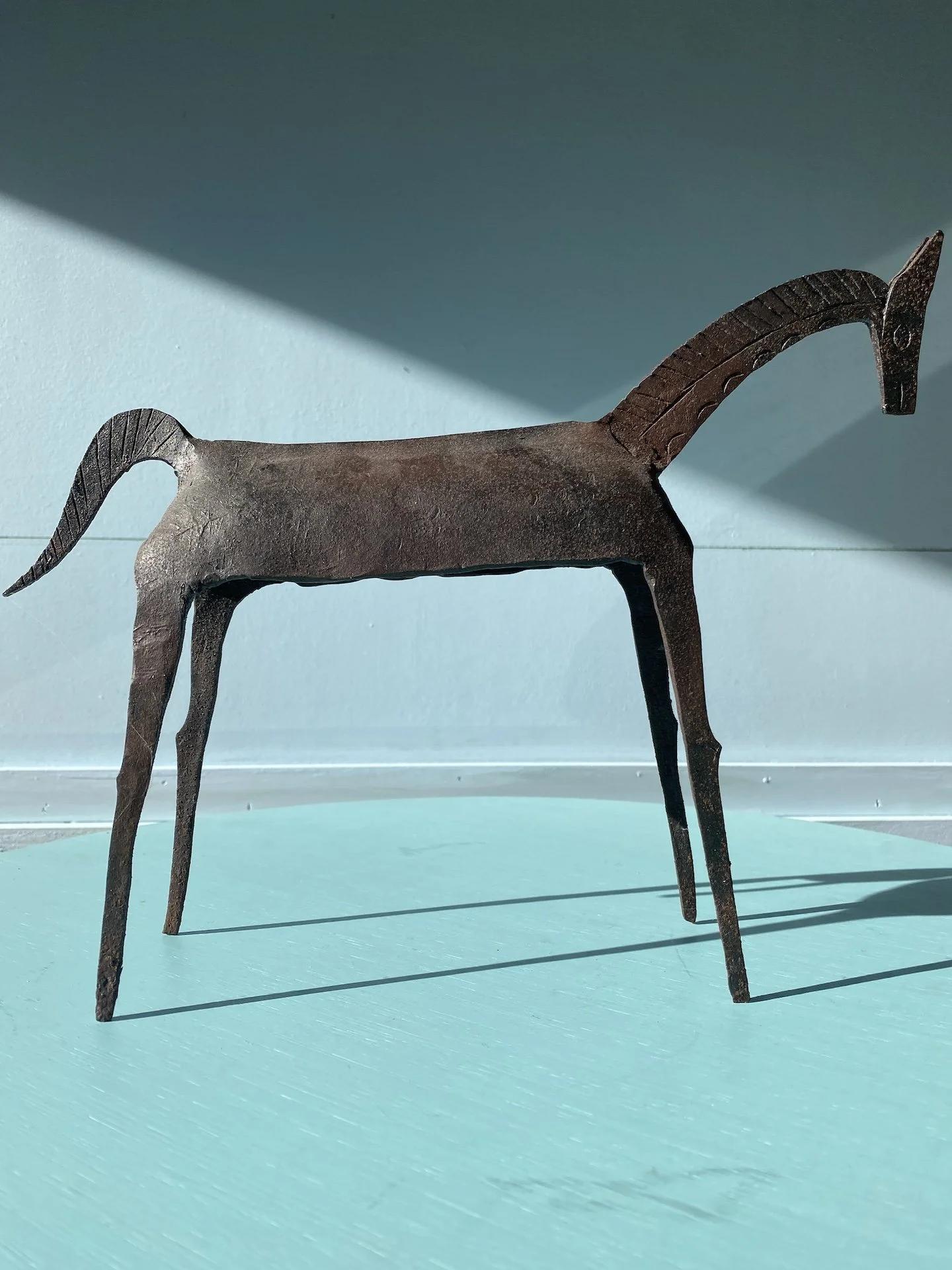 1950s brutalist tribal folk horse figure in wrought iron with sculptural detailing