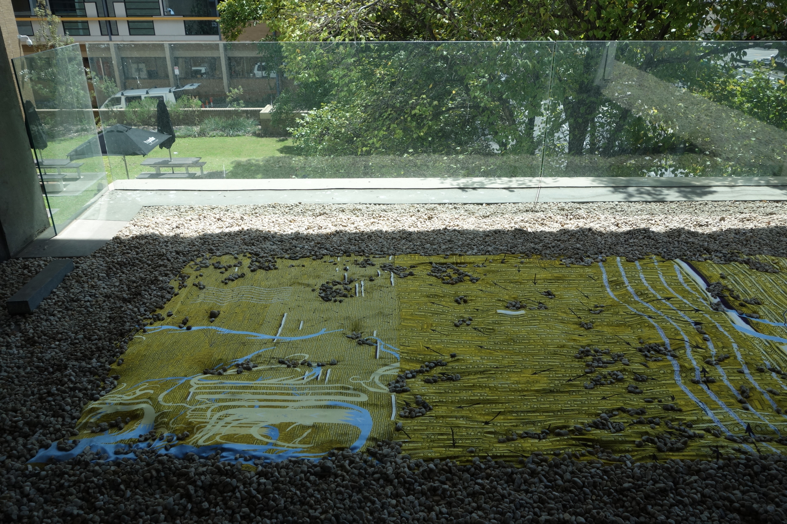  Flag of Convenience, 2015, digitally printed silk, pebbles  in  Fabrik  at the Ian Potter Museum of Art 