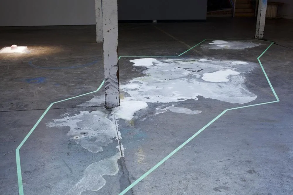 The river ends in the ocean, 2013, seawater, salt (river and sea), sand in Pool curated by ManyMany at Lamington Drive
