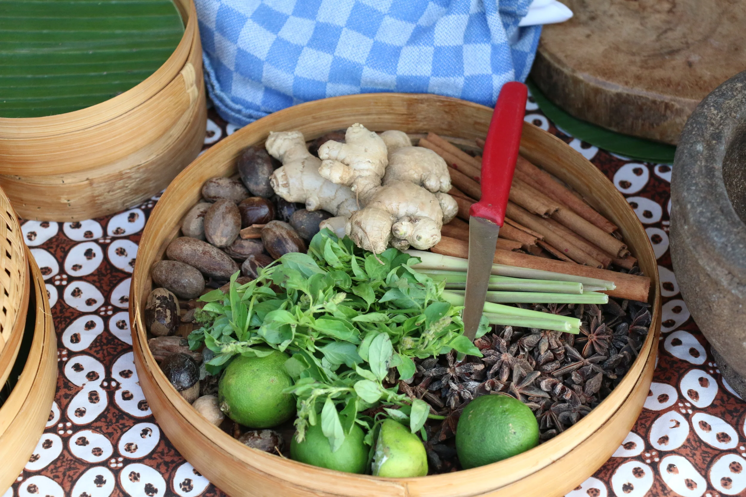 The selection of fresh herbs from their garden and dried aromatics