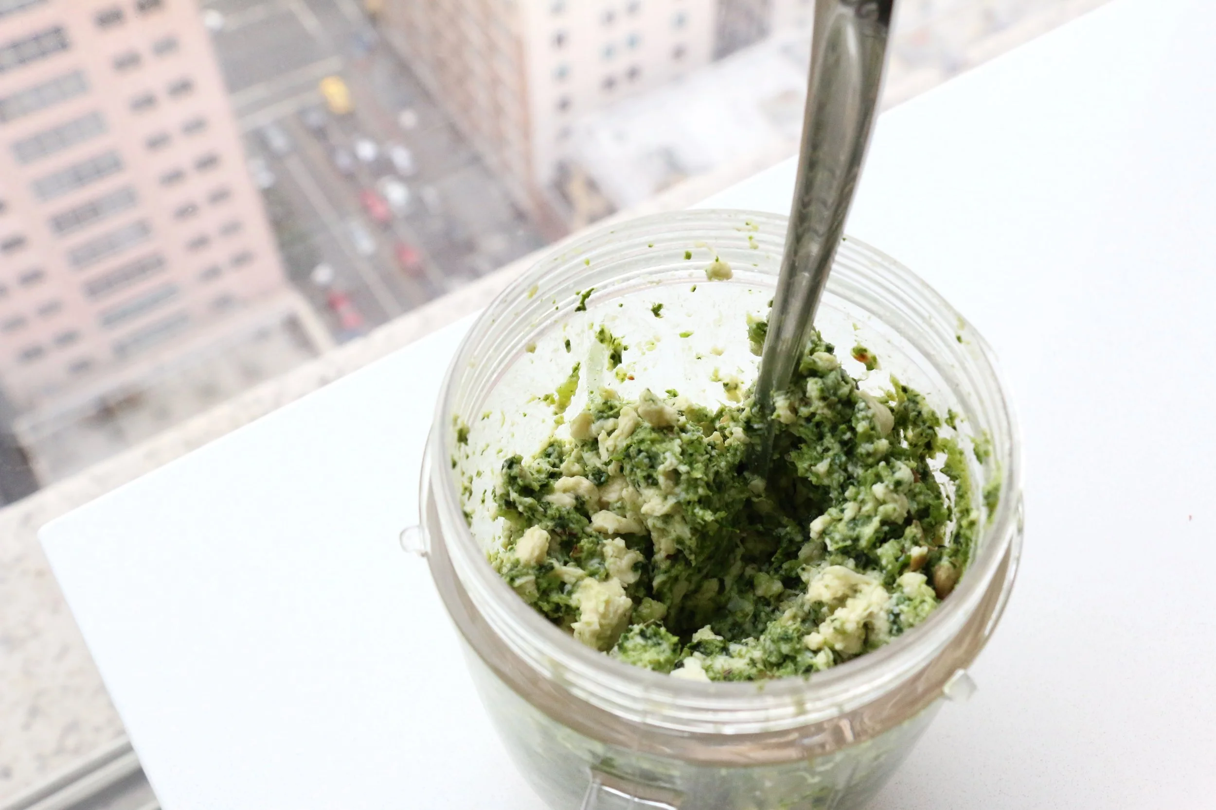 The pulp and tofu mixed with the rest of the ingredients, blended into a thick chunky batter.
