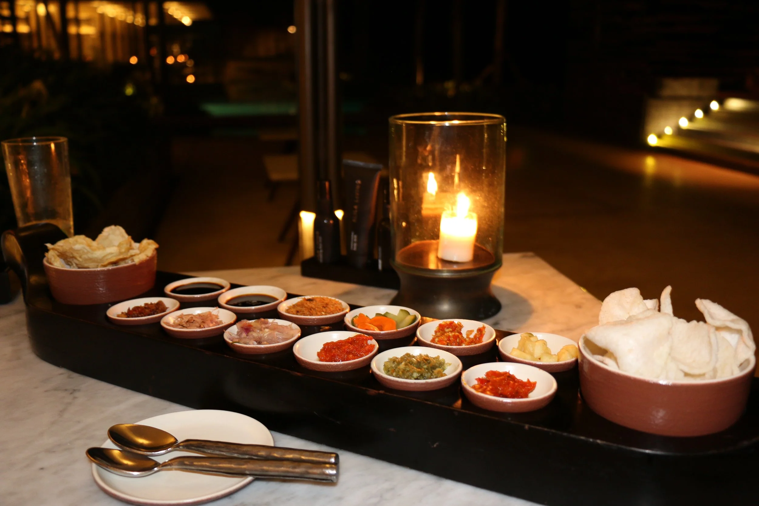 Our personal sambal and sauce selection at The Warung Restaurant , Alila Uluwatu Hotel. An absolutely stunning hotel with a fabulous restaurant. 