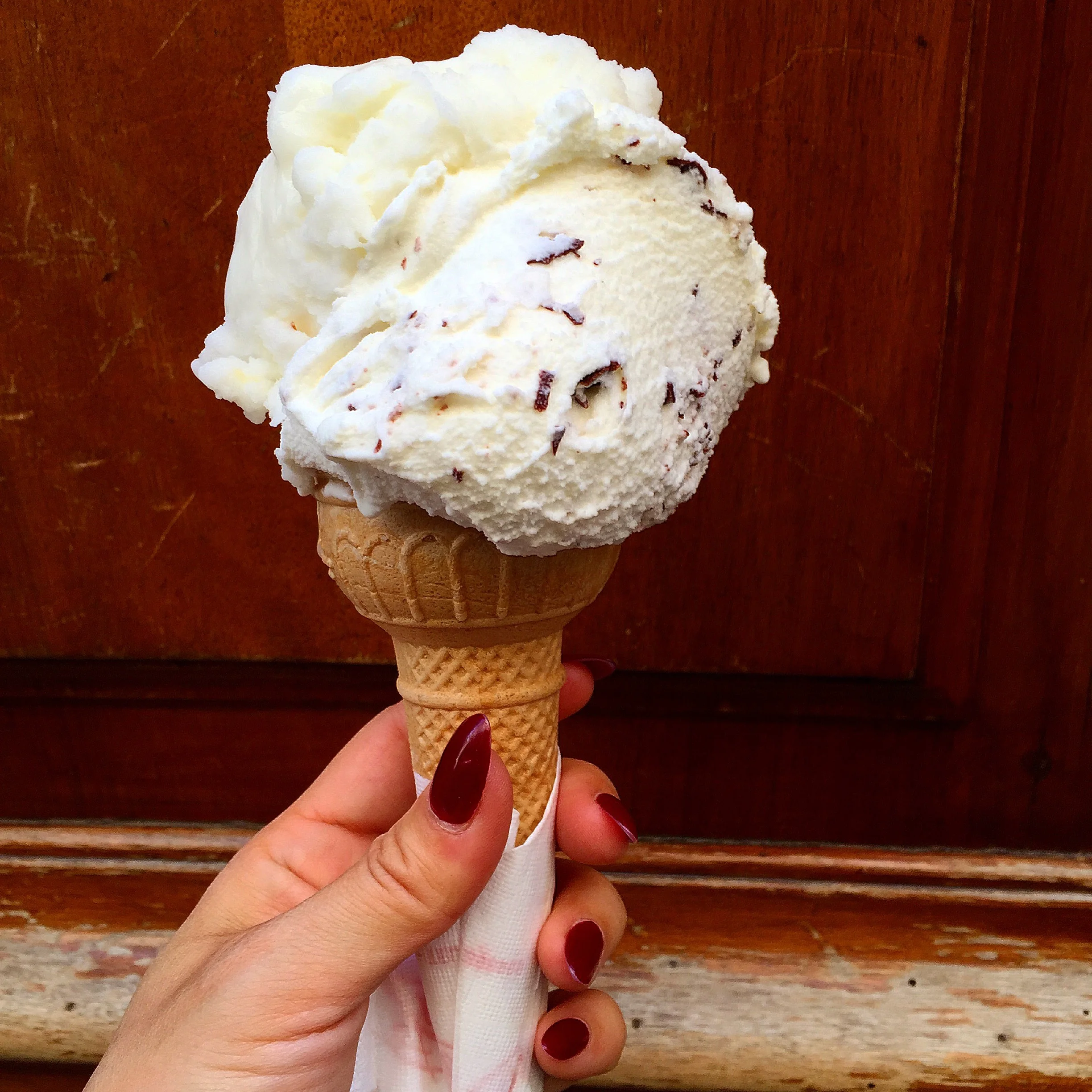 My beautiful masterpiece: half Stracciatella (vanilla with uneven chocolate shavings and half Limone sorbetto