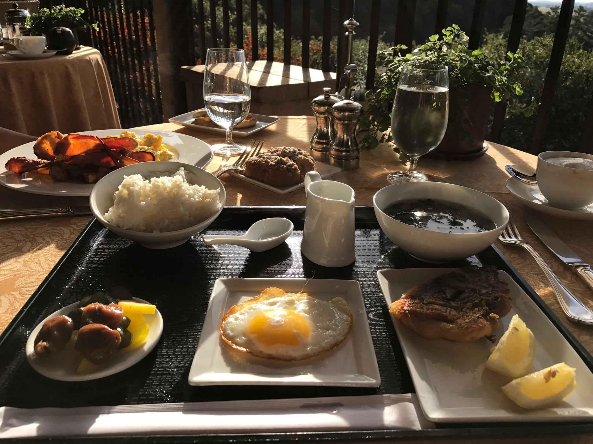 My favorite breakfast at Auberge: The Japonaise - complete with steamed rice, nori, soy, miso soup, pickled vegetables, fried egg, and panfried snapper. 