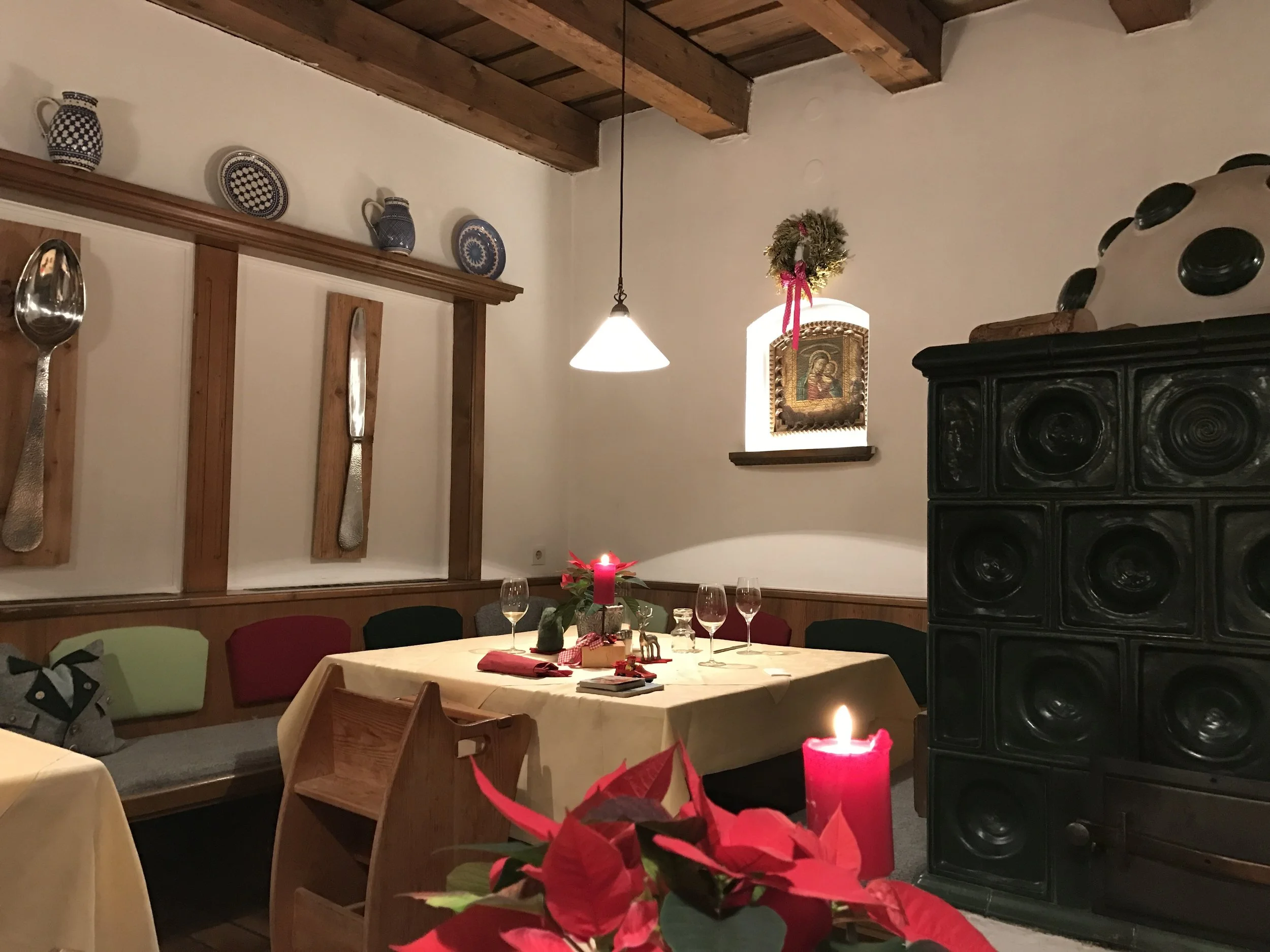 The large black piece on the right is an old school oven which obviously isn't being used anymore but rather kept as a decorative piece. 