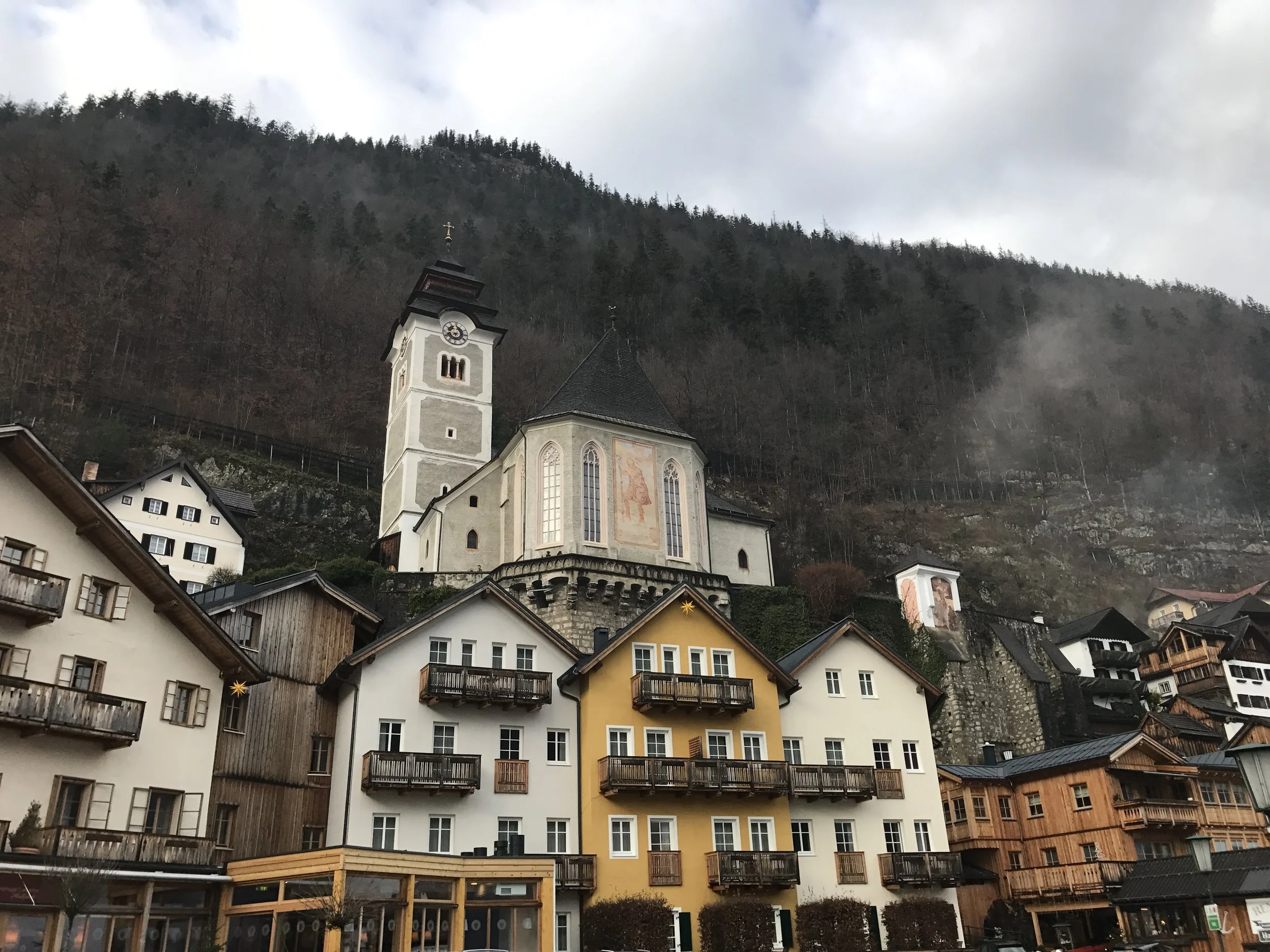 Main town with the church hovering above the buildings.