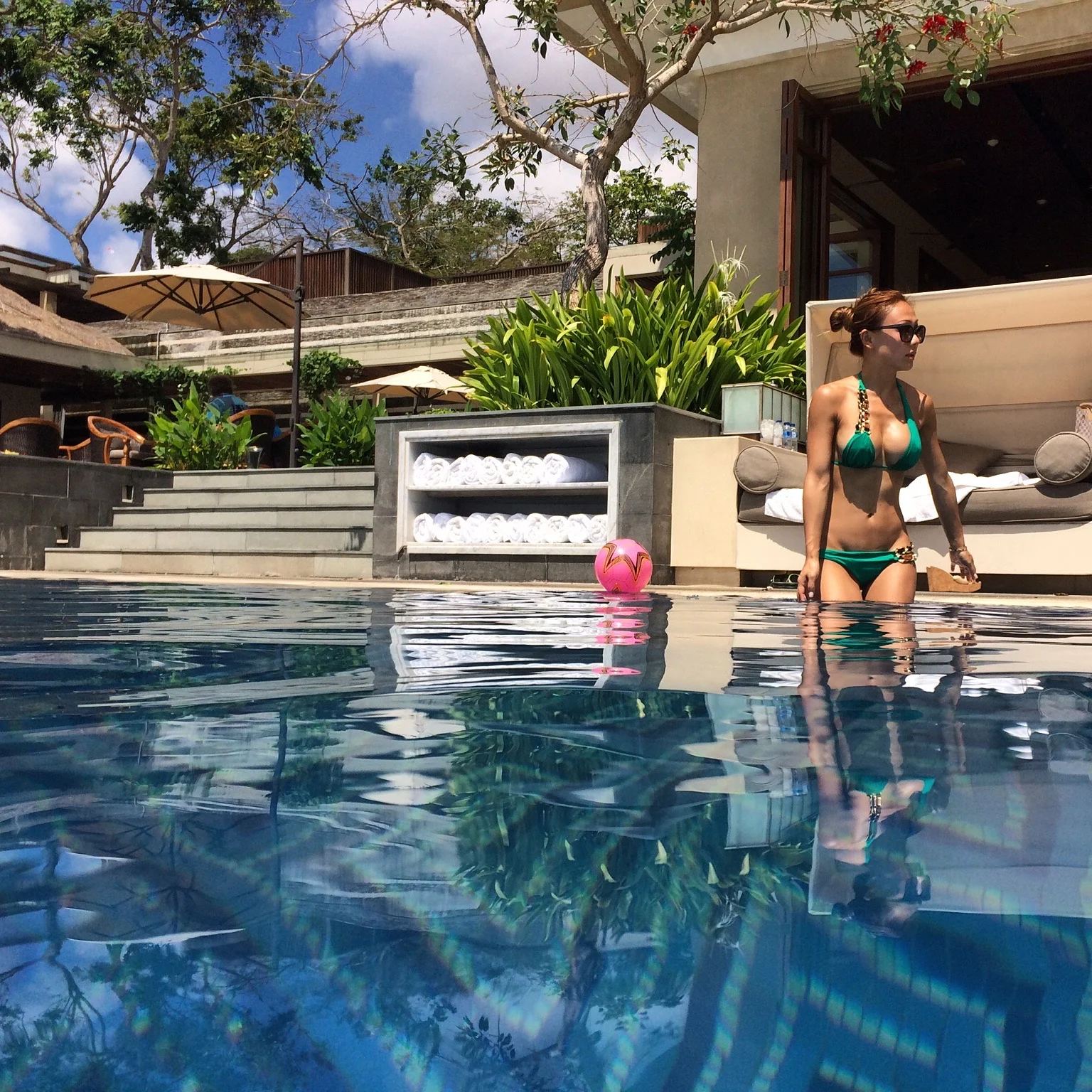 Benefits of having a cabana right at the pool, just slip right in.