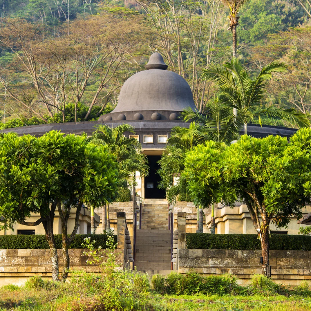 View of the Central Rotunda where the lobby, restaurant, terraces, bar, and library is. Taken from where the suites/villas begin.