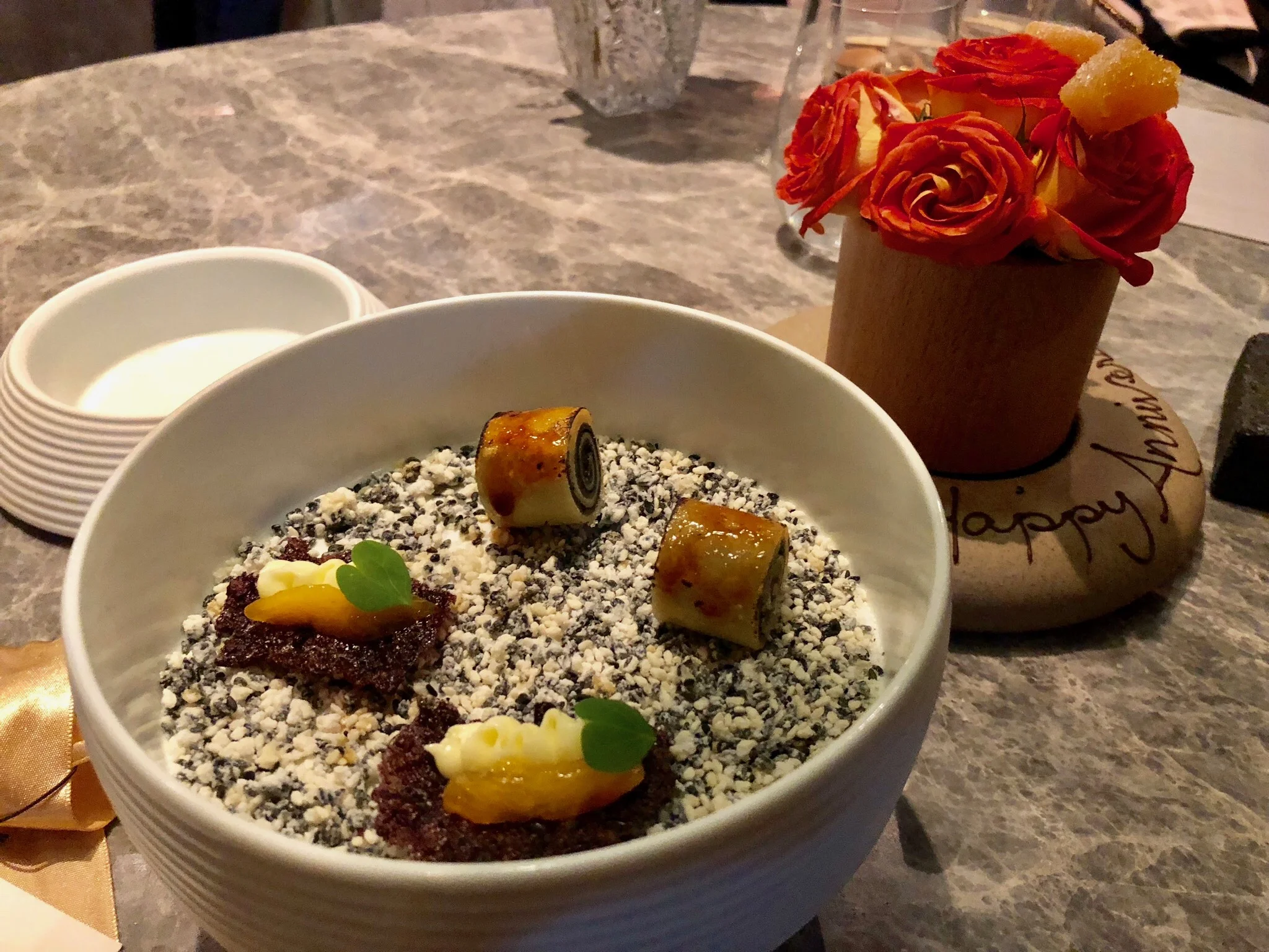 Sesame Mille Crepe: Pretty to look at but taste wise was nothing memorable.Black Rice & Persimmon Crisp: Good but much rather have another round of the mocha or the strawberry dessert