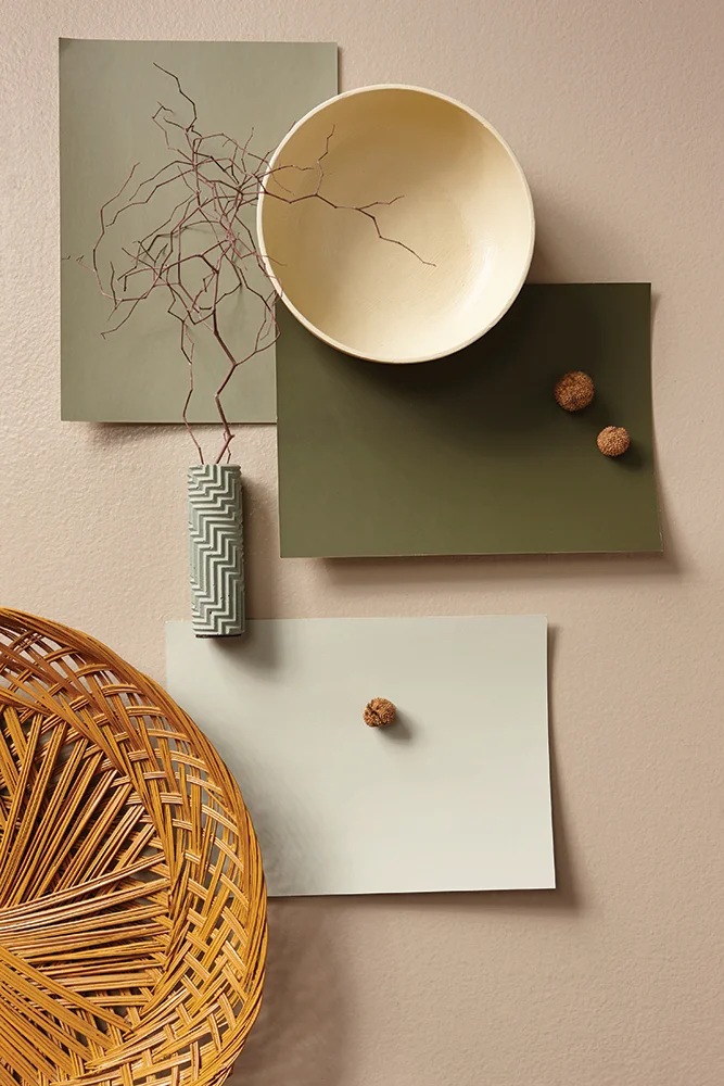 Background - Resene Cargo; Bowl - Resene Yuma; Basket - Resene Rusty Nail; A4 swatches (clockwise from left to right) are Resene Siam, Resene Scrub and Resene Bud.