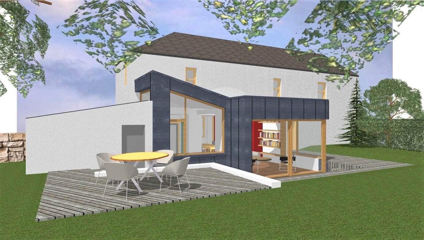GARDEN EXTENSION, MAIN ST, GATTONSIDE. A contemporary zinc-clad kitchen and garden room extension to the rear of a traditional roadside two-storey cottage, with internal modifications to rectify issues with circulation, space, and a split-level gro