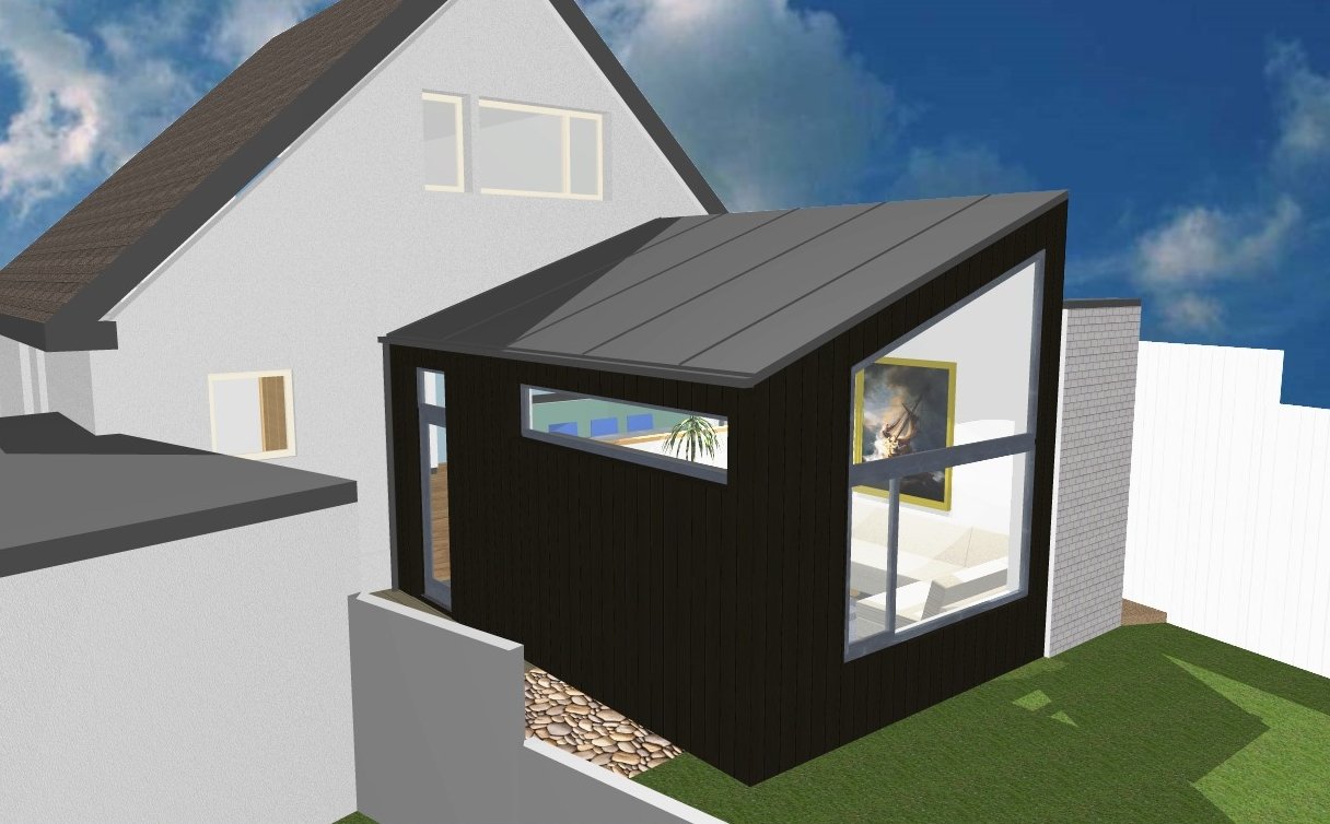 REAR EXTENSION, PENTLAND CRES., EDINBURGH. The design for this rear extension addresses the need to move the living area to the back of the house and integrate it with the existing kitchen and garden access. The shape of the roof responds to the v