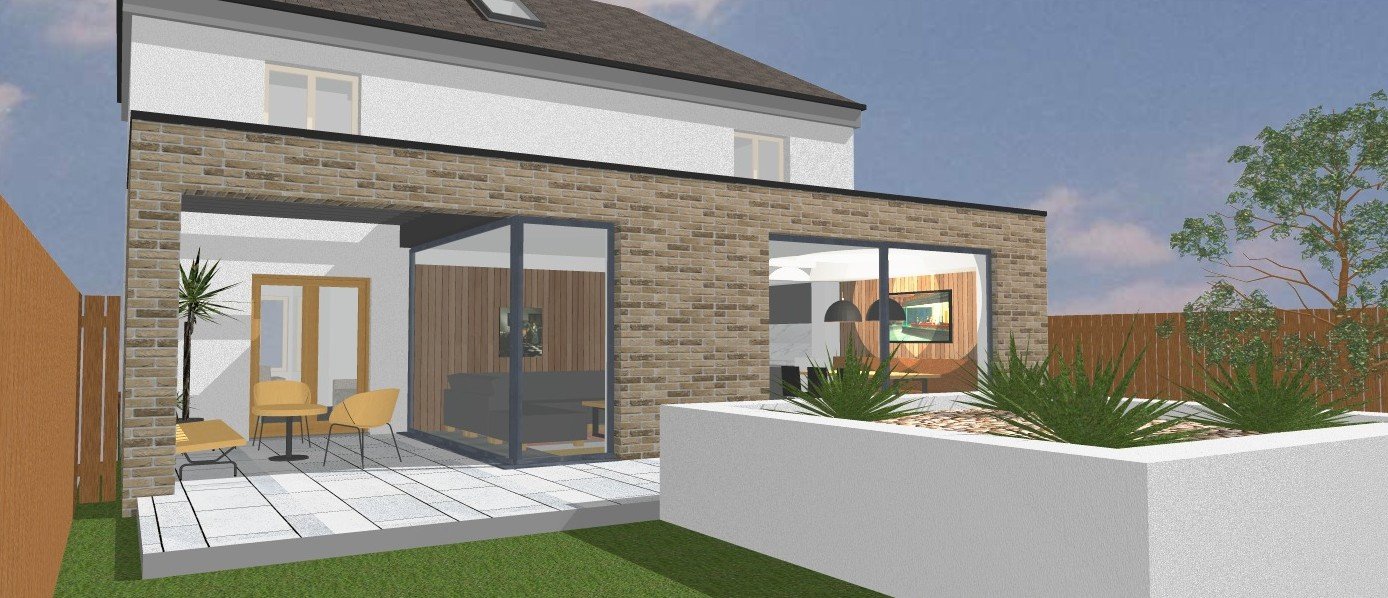 + EXTENSION of KINLOUCH CRESCENT, ROSEWELL. The proposed works include a full-width rear extension to the existing two-storey dwelling, creating a spacious, naturally lit open-plan kitchen, dining, and sitting area. The extension also features an