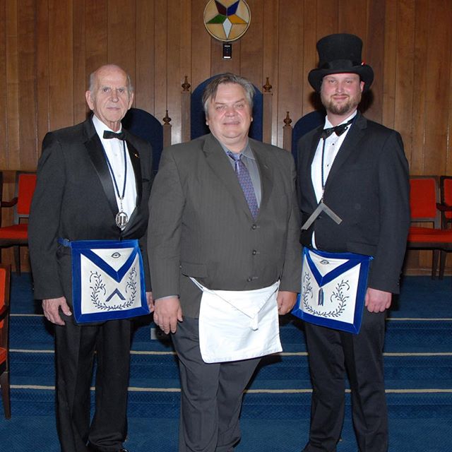 Our newest member and brother, Yuri, with Worshipful Master Hank and Junior Warden Michael