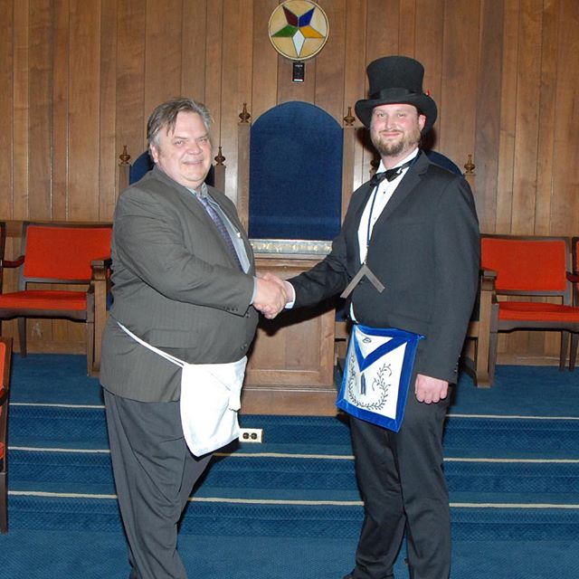 Our newest member and brother, Yuri, with Br. Michael (as Master of the lodge for the evening)