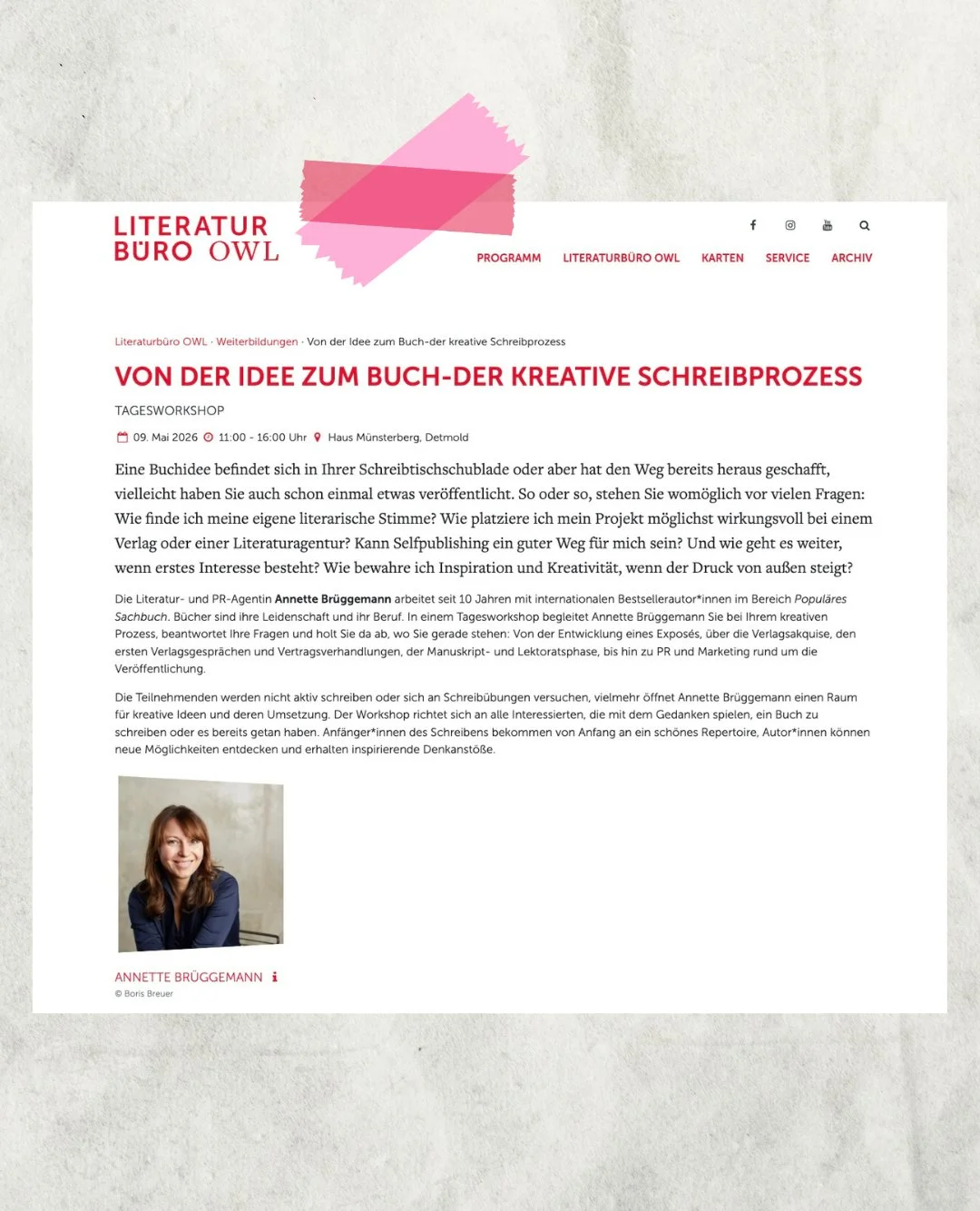 In einer Woche am 9. Mai ist es soweit: Ich freue mich schon RIESIG auf Euch und Eure Buchideen! Danke ans @literaturbueroowl in Detmold f&uuml;r die tolle Einladung in meine alte Heimat 🫶🏼⁠
⁠
Mehr Infos zum Workshop 👉🏼 Link in Bio⁠
⁠
#vonderidee